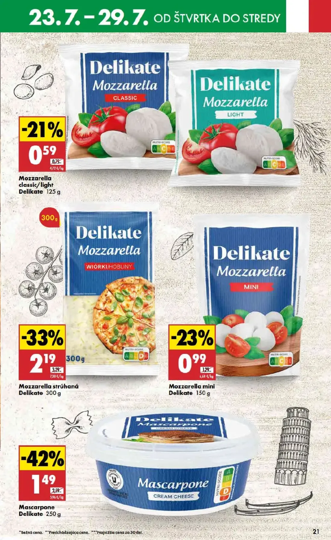 Biedronka leták, strana 21 z 48 — Mozzarella strúhaná Delikate, Mascarpone Delikate, Mozzarella mini Delikate