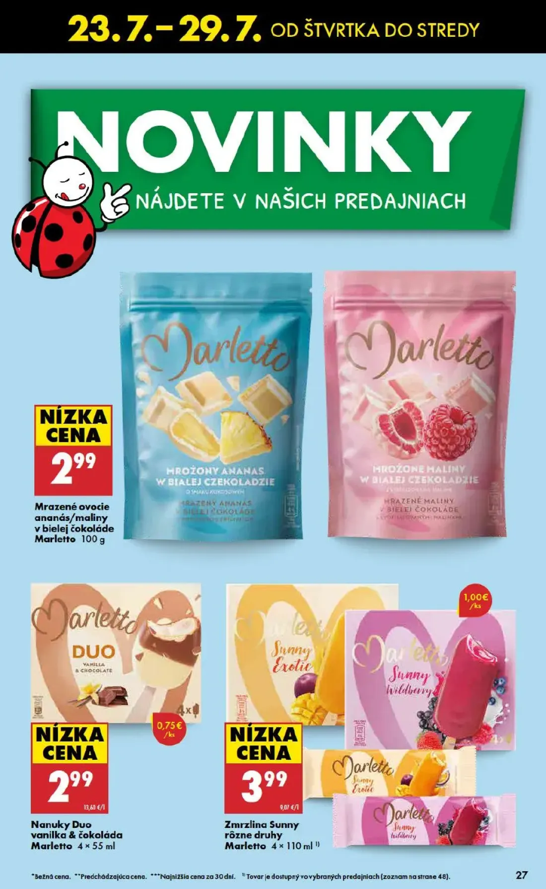 Biedronka leták, strana 27 z 48 — Mrazené ovocie ananás/maliny v bielej čokoláde Marletto, Nanuky Duo vanilka & čokoláda Mar…