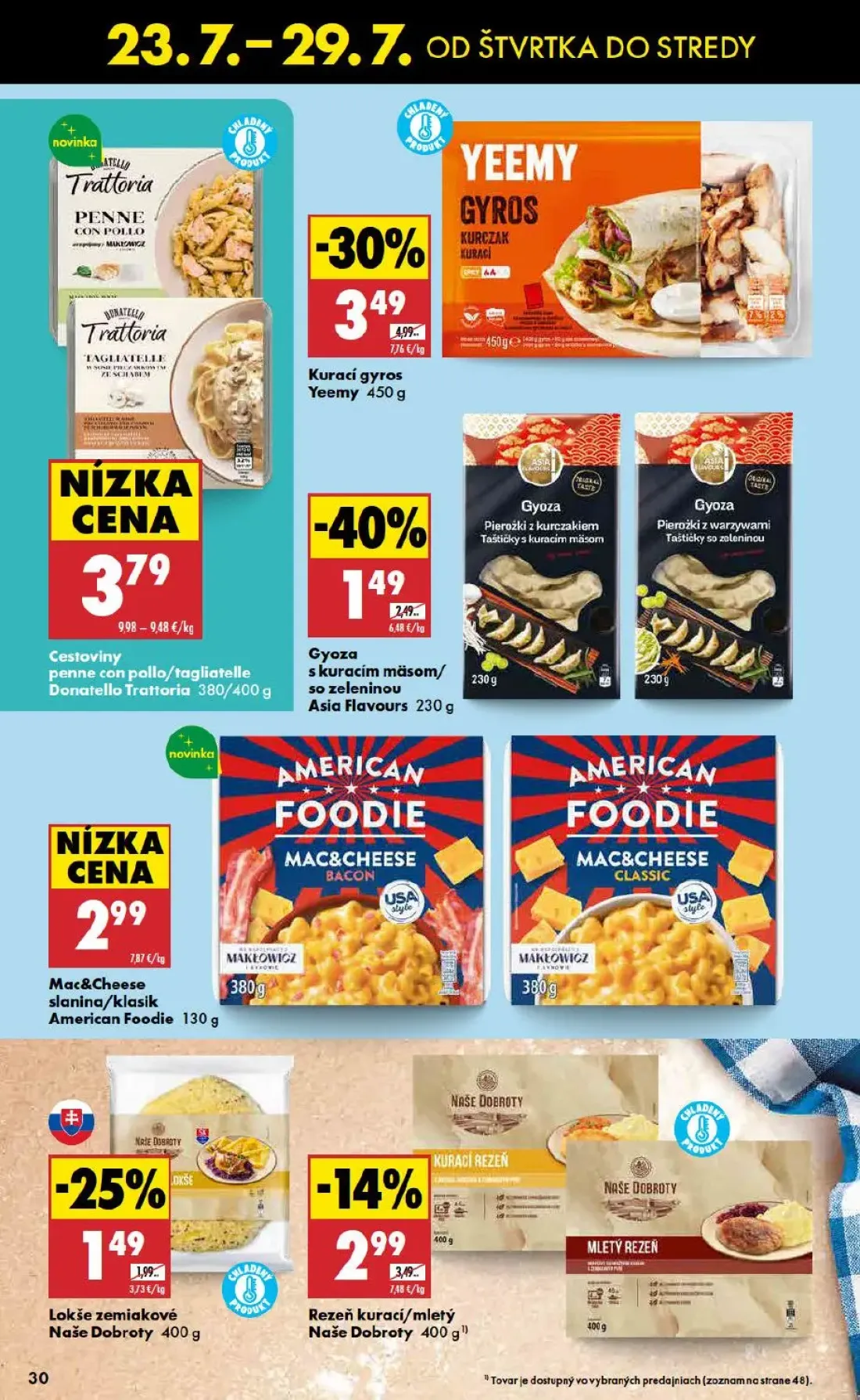 Biedronka leták, strana 30 z 48 — Kurací gyros Yeemy, Gyoza s kuracím mäsom/so zeleninou Asia Flavours, Lokše zemiakové Naše…