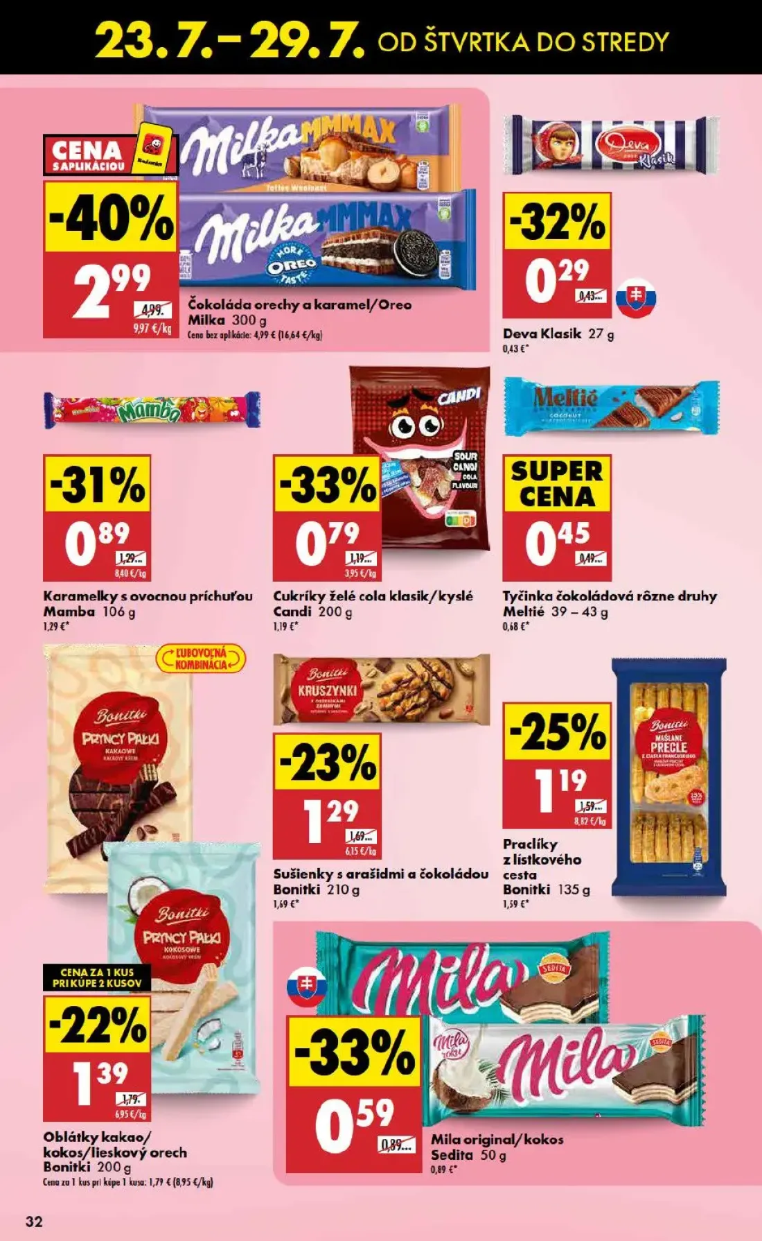 Biedronka leták, strana 32 z 48 — Čokoláda orechy a karamel/Oreo Milka, Karamelky s ovocnou príchuťou Mamba, Cukríky želé co…