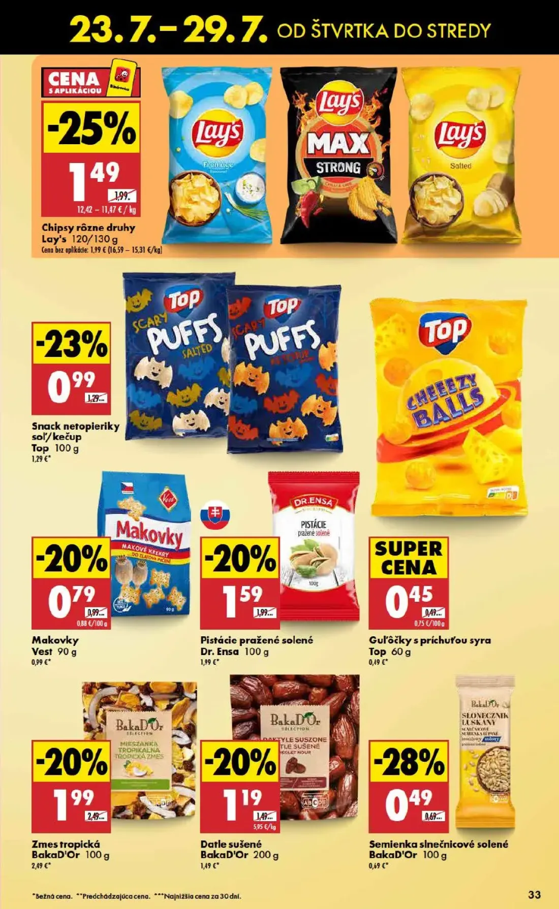 Biedronka leták, strana 33 z 48 — Chipsy rôzne druhy Lay's, Zmes tropická BakaD'Or, Pistácie pražené solené Dr. Ensa