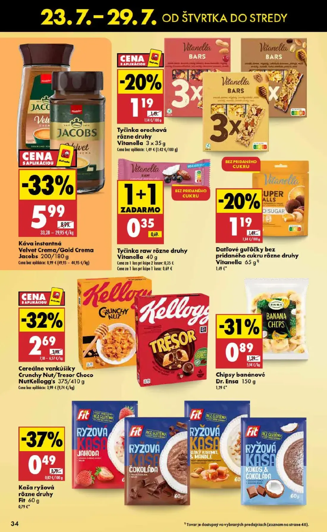 Biedronka leták, strana 34 z 48 — Káva instantná Velvet Crema/Gold Crema Jacobs, Cereálne vankúšiky Crunchy Nut/Tresor Choco…