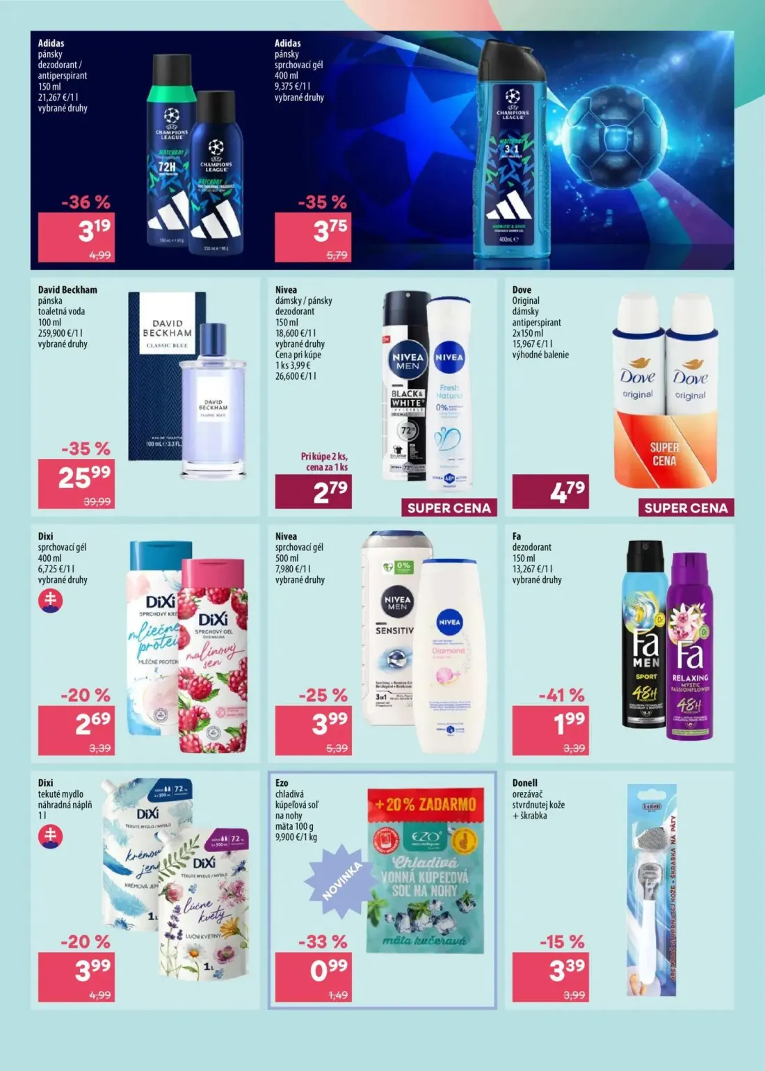 101 Drogerie leták, strana 3 z 12 — David Beckham pánska toaletná voda, Adidas pánsky sprchovací gél, Adidas pánsky dezodora…
