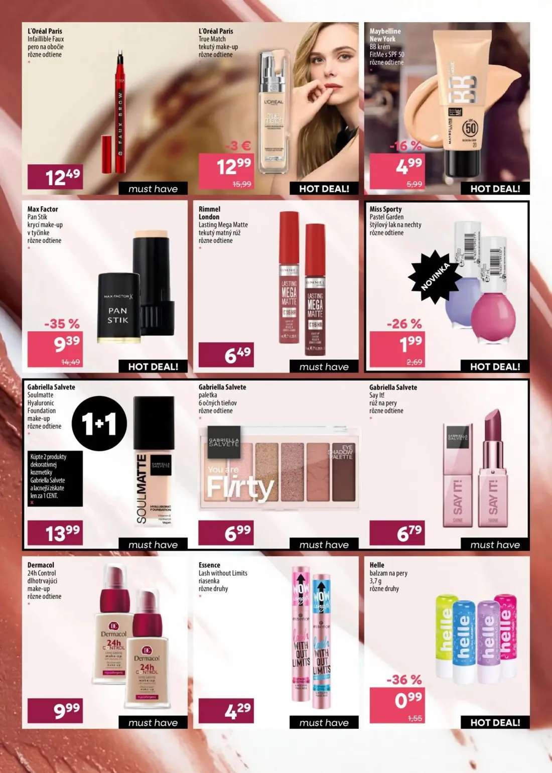 101 Drogerie leták, strana 9 z 12 — Max Factor Pan Stik krycí make-up v tyčinke, L'Oréal Paris True Match tekutý make-up, Ma…