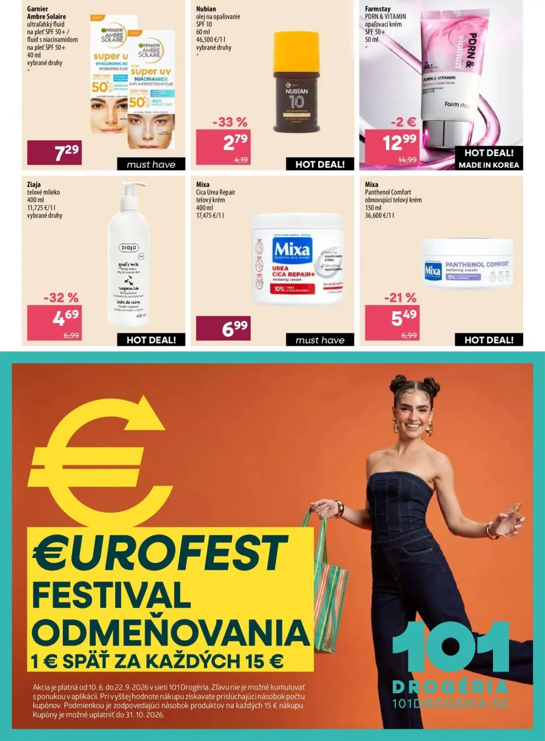 101 Drogerie leták, strana 12 z 12 — Ziaja telové mlieko, Farmstay PDRN & VITAMIN opaľovací krém SPF 50+, Mixa Panthenol Com…