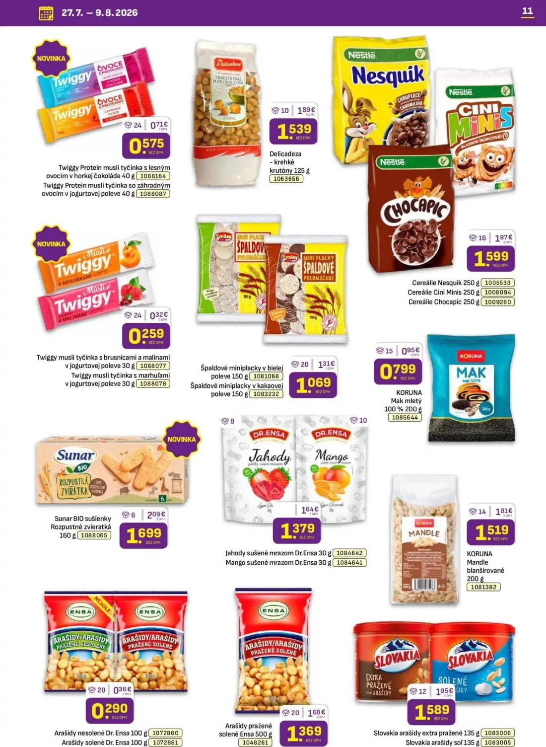 Libex leták, strana 11 z 36 — Sunar BIO sušienky Rozpustné zvieratká, Cereálie Nesquik, Cereálie Cini Minis