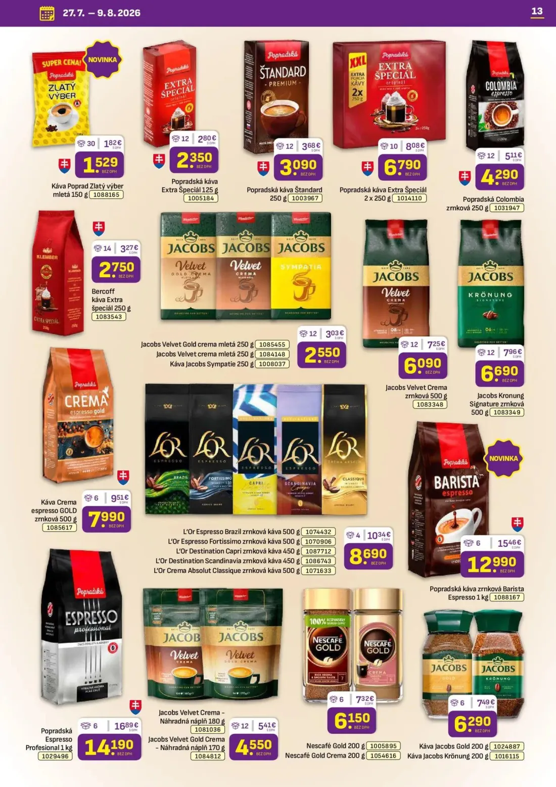 Libex leták, strana 13 z 36 — Popradská Espresso Profesional, Popradská káva zrnková Barista Espresso, L'Or Espresso Brazil …