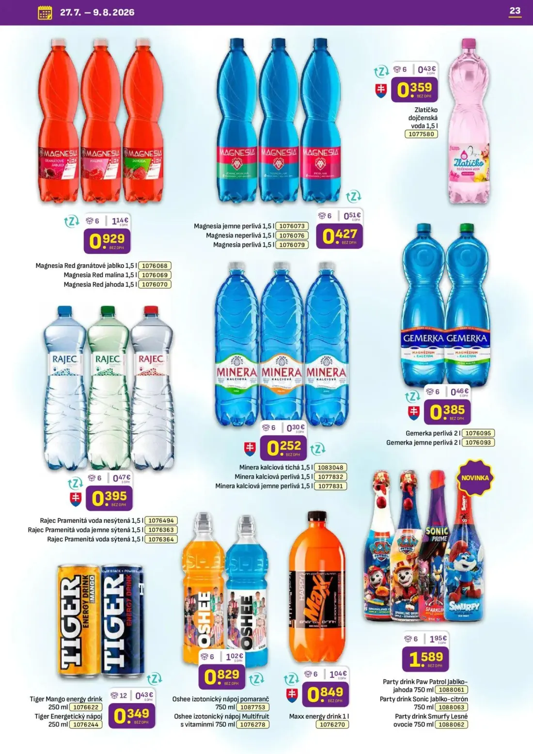 Libex leták, strana 23 z 36 — Party drink Paw Patrol Jablko-jahoda, Party drink Sonic Jablko-citrón, Party drink Smurfy Lesn…