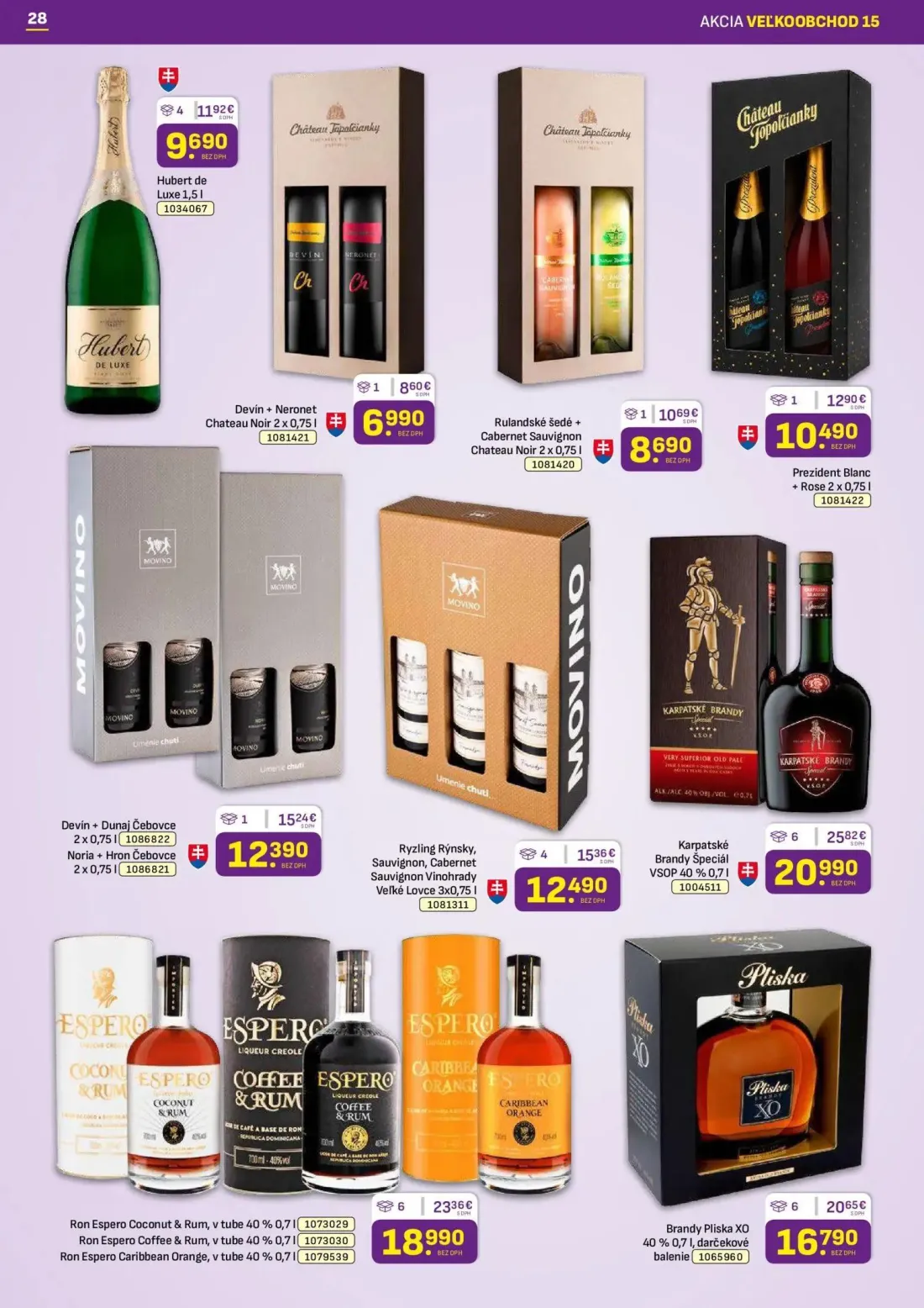 Libex leták, strana 28 z 36 — Karpatské Brandy Špeciál VSOP, Ron Espero Coconut & Rum, Brandy Pliska XO