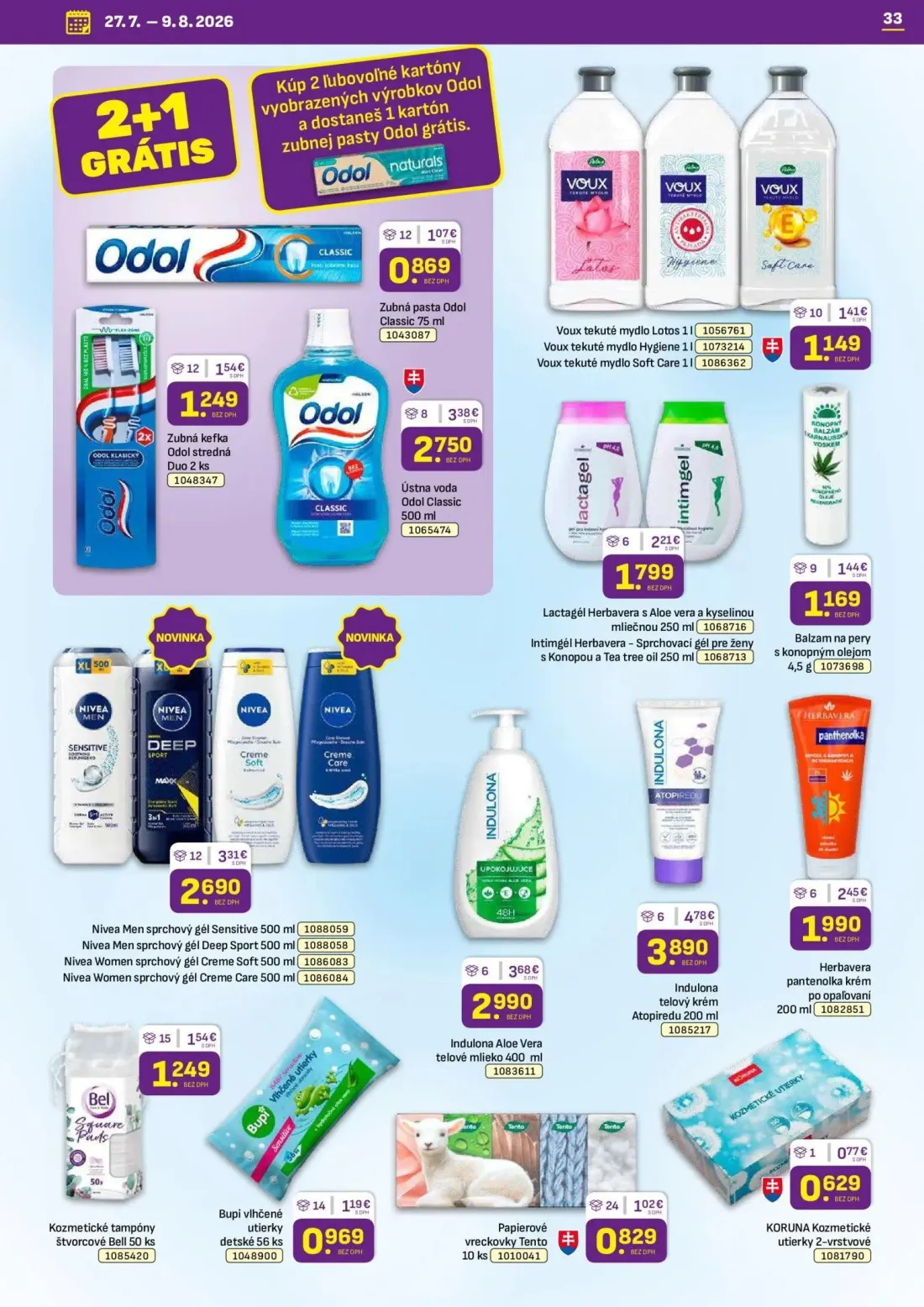 Libex leták, strana 33 z 36 — Indulona telový krém Atopiredu, Indulona Aloe Vera telové mlieko, Ústna voda Odol Classic