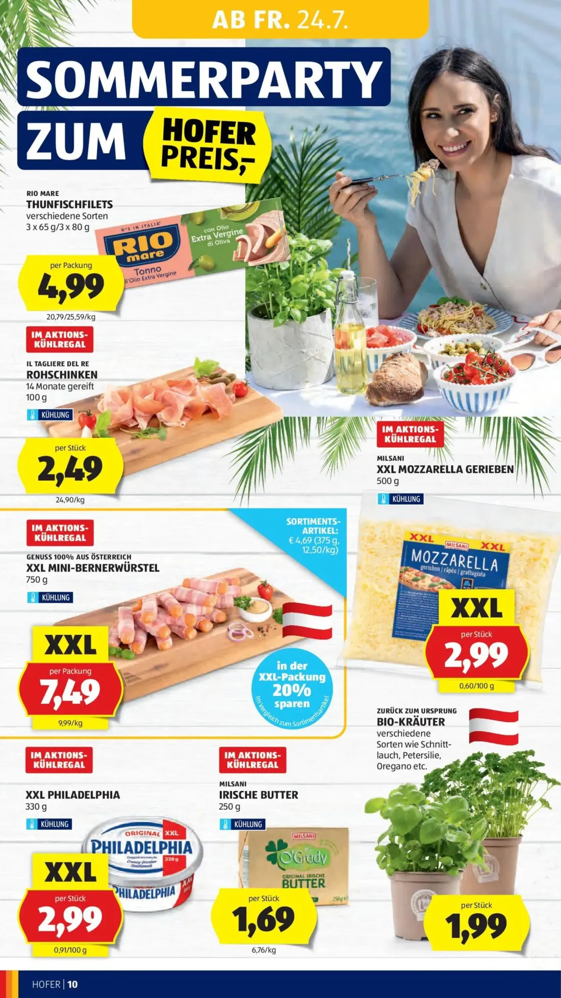Hofer Prospekt, Seite 16 von 52 — MILSANI XXL MOZZARELLA GERIEBEN, RIO MARE THUNFISCHFILETS, IL TAGLIERE DEL RE ROHSCHINKEN