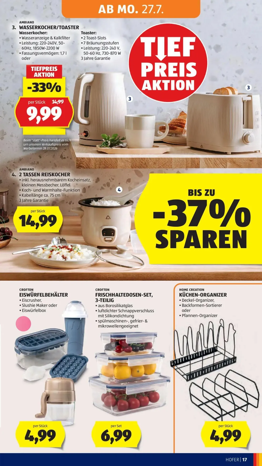 Hofer Prospekt, Seite 27 von 52 — WASSERKOCHER/TOASTER, 2 TASSEN REISKOCHER, EISWÜRFELBEHÄLTER