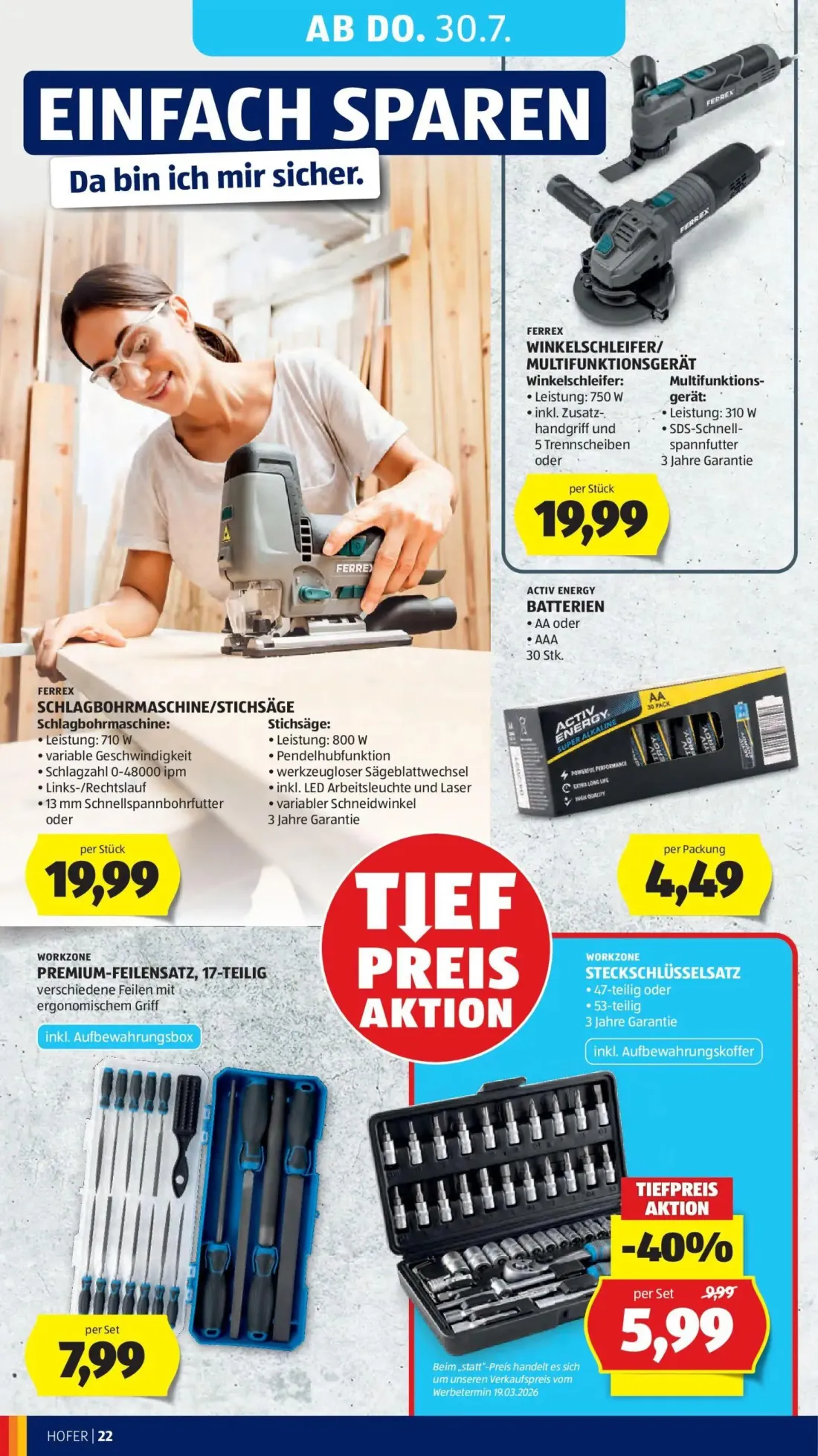 Hofer Prospekt, Seite 32 von 52 — STECKSCHLÜSSELSATZ, WINKELSCHLEIFER/MULTIFUNKTIONSGERÄT, BATTERIEN
