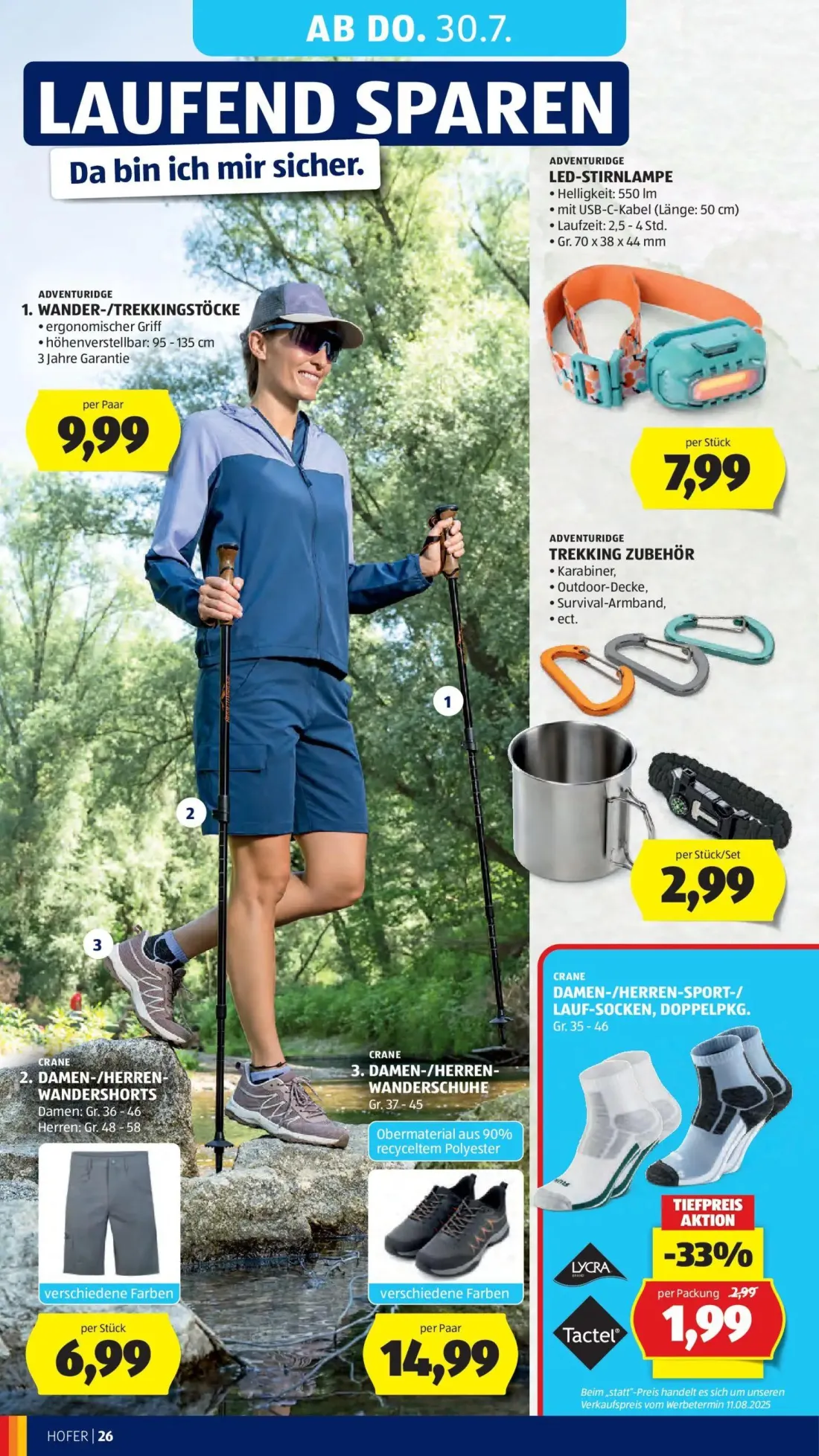 Hofer Prospekt, Seite 36 von 52 — DAMEN-/HERREN-SPORT-/ LAUF-SOCKEN, DOPPELPKG., WANDER-/TREKKINGSTÖCKE, LED-STIRNLAMPE