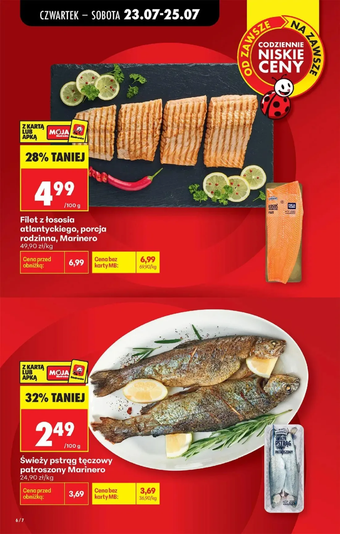 Biedronka gazetka, strona 6 z 98 — Filet z łososia atlantyckiego, porcja rodzinna, Marinero, Świeży pstrąg tęczowy patroszon…