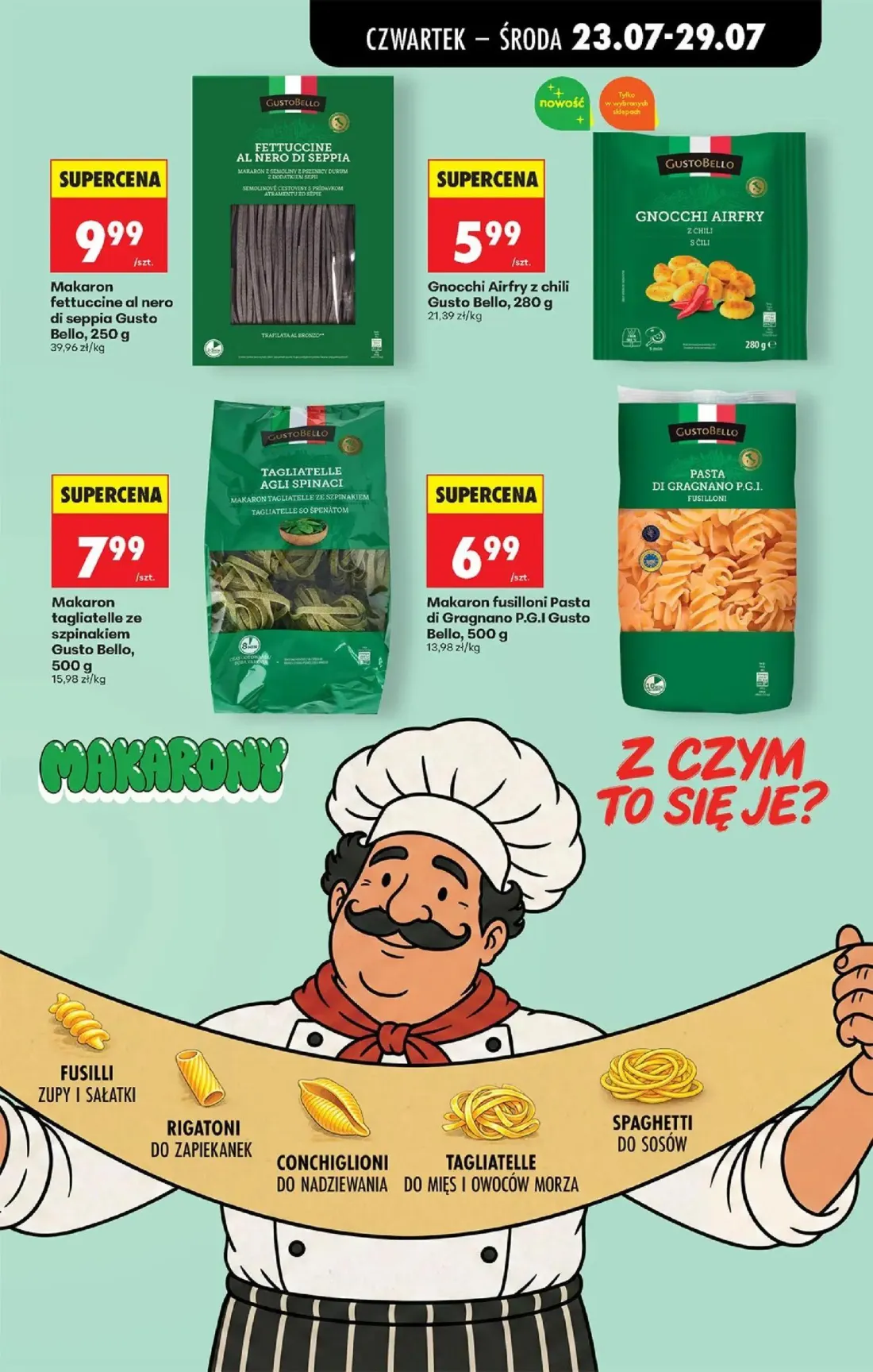 Biedronka gazetka, strona 61 z 98 — Makaron fettuccine al nero di seppia Gusto Bello, Gnocchi Airfry z chili Gusto Bello, Ma…