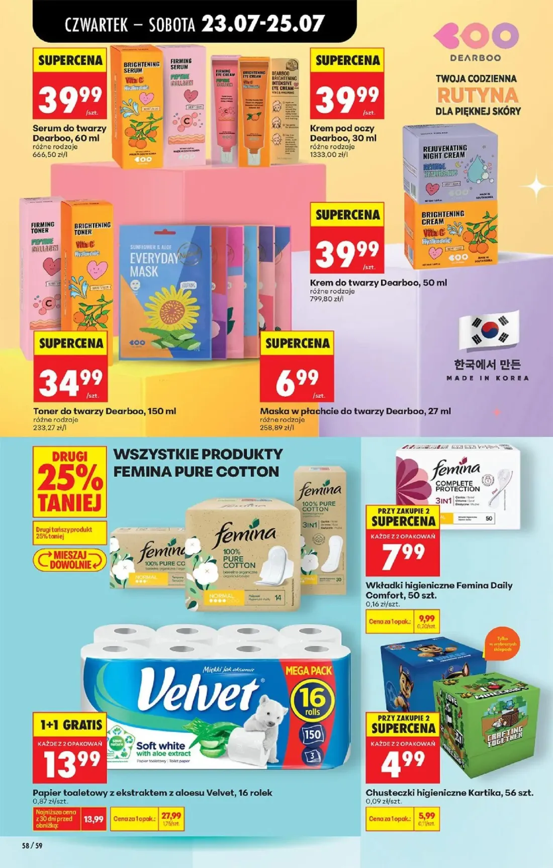 Biedronka gazetka, strona 86 z 98 — Papier toaletowy z ekstraktem z aloesu Velvet, Wkładki higieniczne Femina Daily Comfort,…
