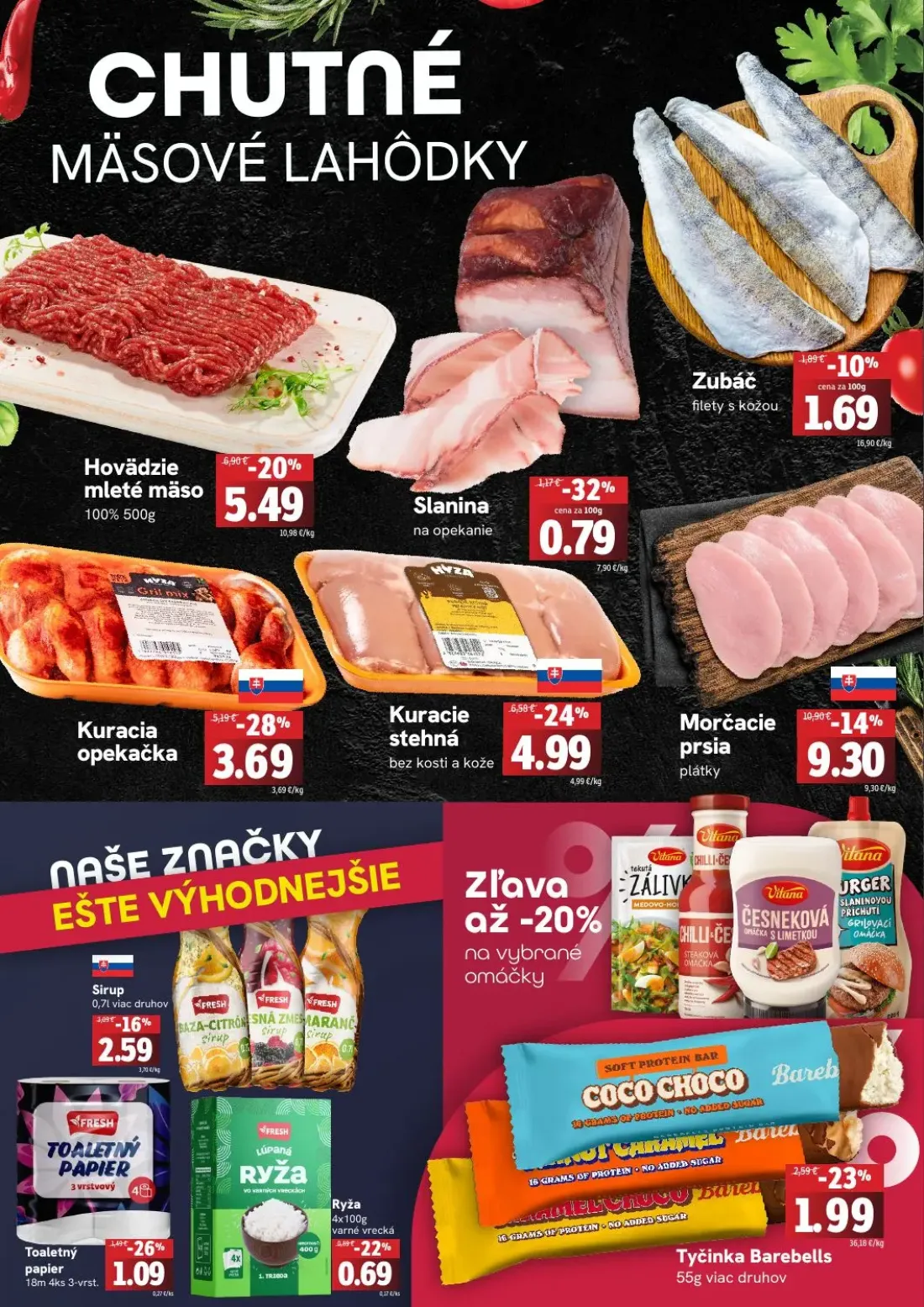 Fresh leták, strana 2 z 4 — Morčacie prsia plátky, Kuracie stehná bez kosti a kože, Kuracia opekačka