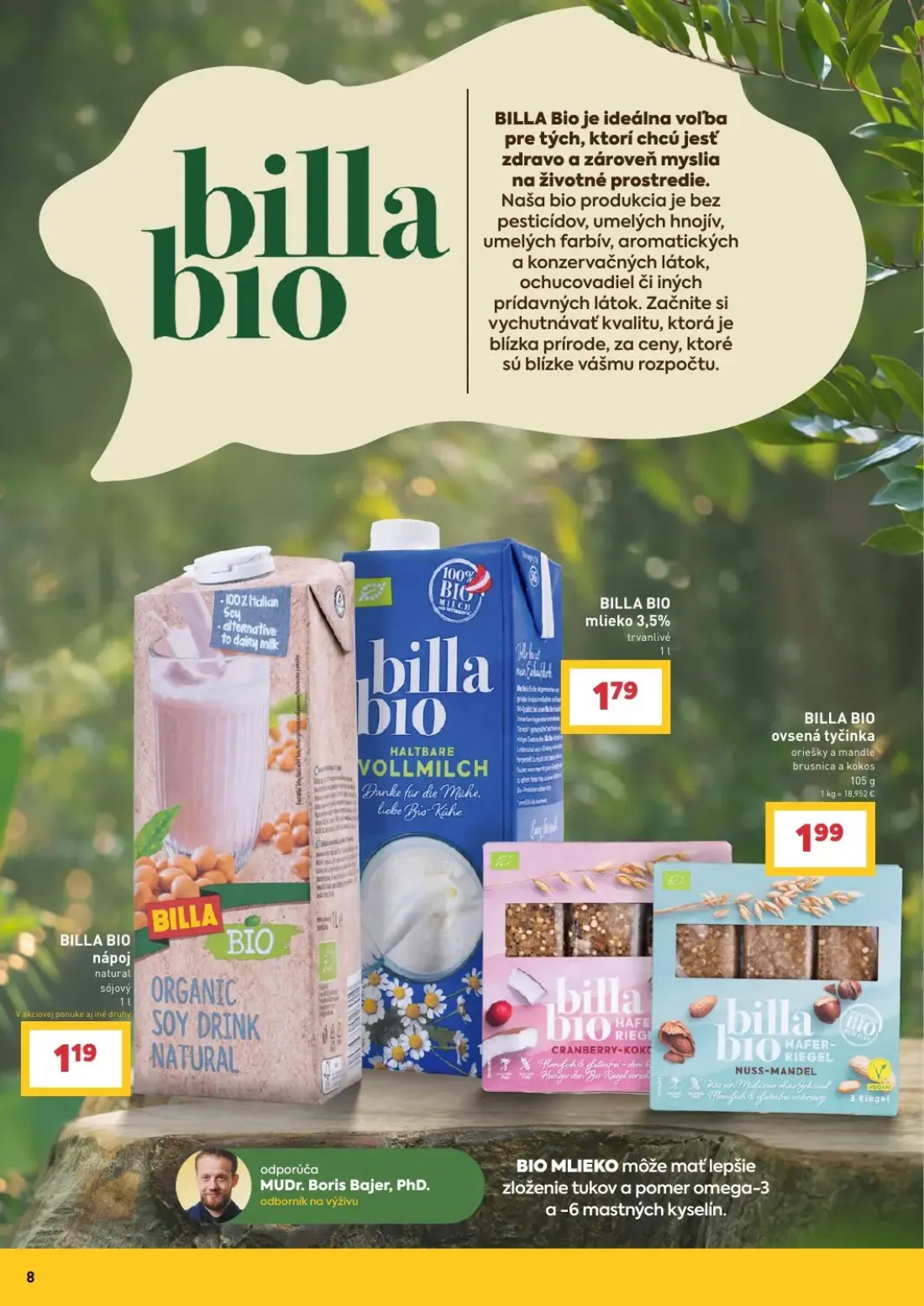 Billa leták, strana 8 z 9 — BILLA BIO nápoj natural sójovy, BILLA BIO mlieko 3,5%, BILLA BIO ovsená tyčinka