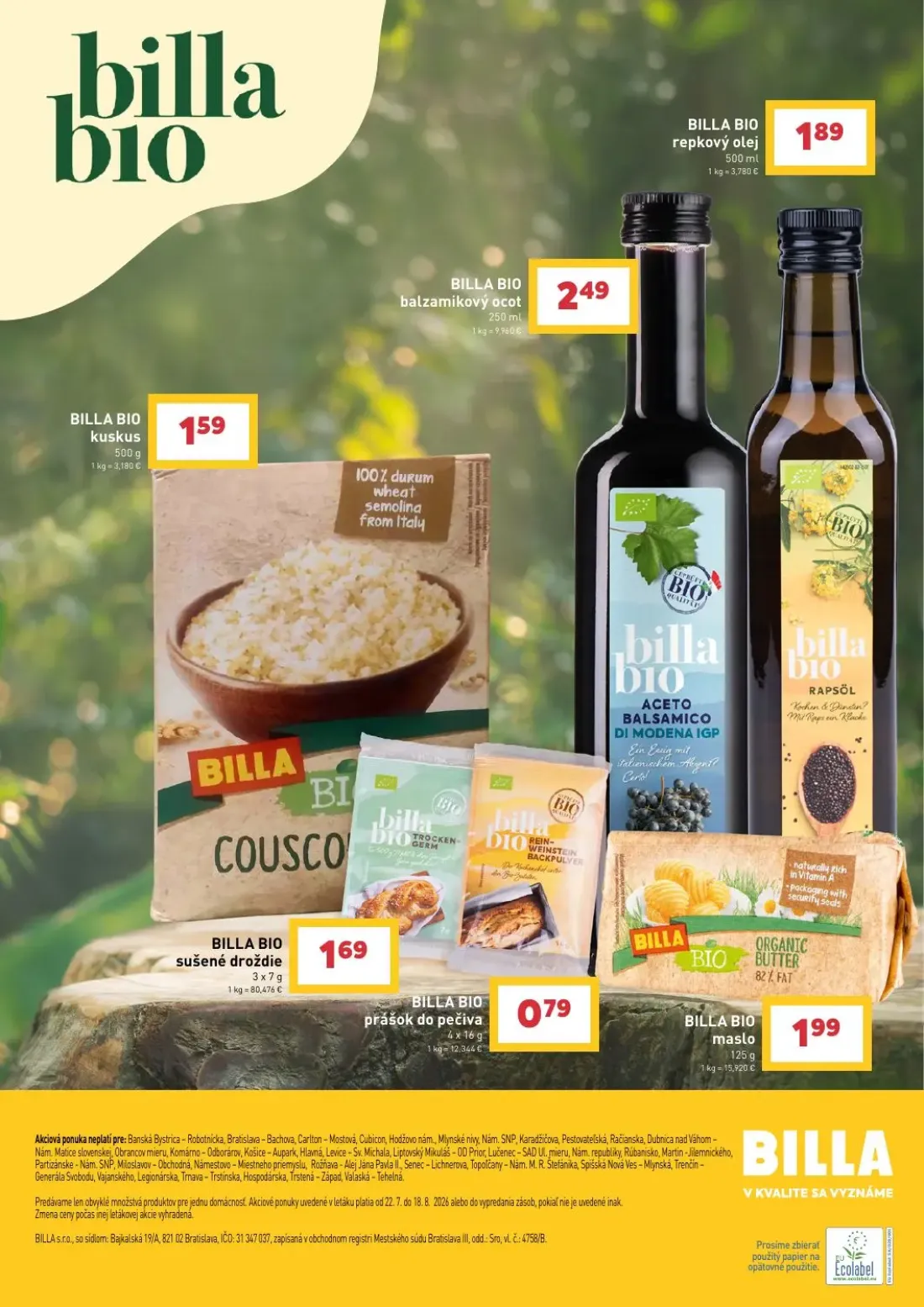 Billa leták, strana 9 z 9 — BILLA BIO balzamikový ocot, BILLA BIO repkový olej, BILLA BIO kuskus
