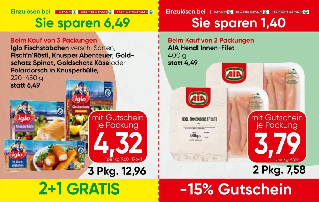 Spar Prospekt, Seite 4 von 13 — Iglo Fischstäbchen versch. Sorten, Fisch'n'Rösti, Knusper Abenteuer, Goldschatz Spinat, Gold…