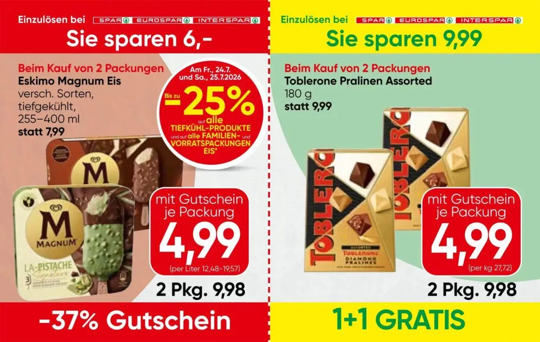 Spar Prospekt, Seite 7 von 13 — Toblerone Pralinen Assorted, Eskimo Magnum Eis