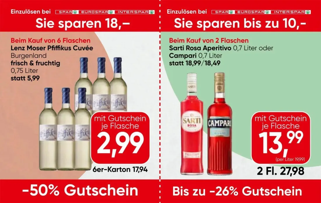 Spar Prospekt, Seite 9 von 13 — Sarti Rosa Aperitivo oder Campari, Lenz Moser Pfiffikus Cuvée Burgenland