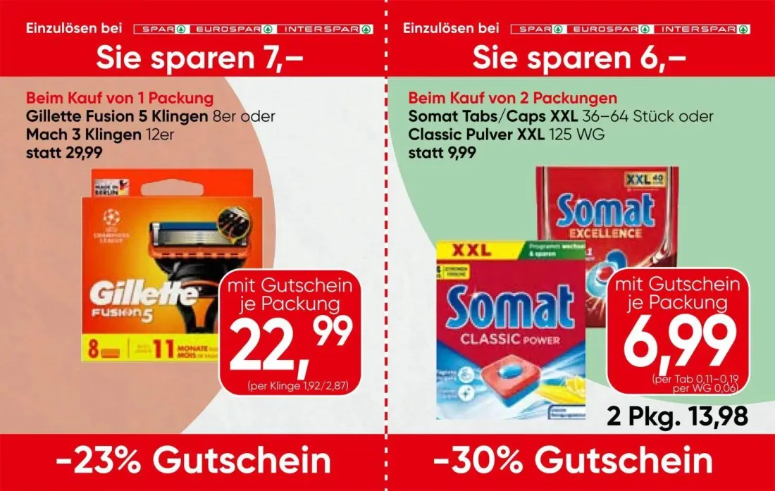 Spar Prospekt, Seite 11 von 13 — Gillette Fusion 5 Klingen 8er oder Mach 3 Klingen 12er, Somat Tabs/Caps XXL 36-64 Stück ode…