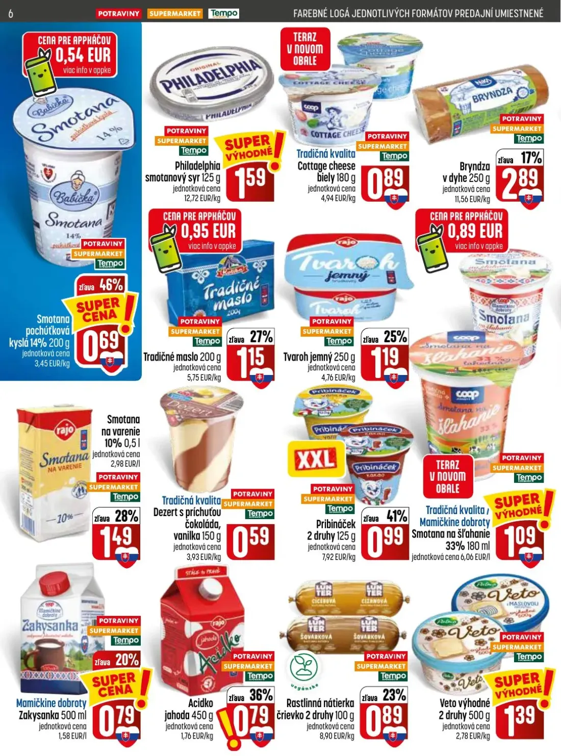 Coop Jednota leták, strana 6 z 28 — Smotana pochúťková kyslá 14%, Philadelphia smotanový syr, Cottage cheese biely