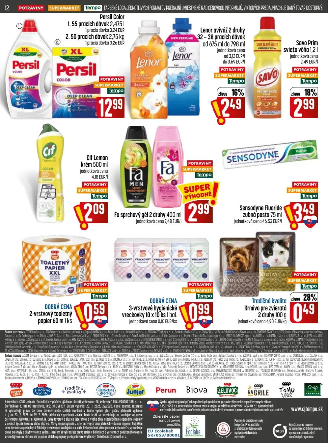Coop Jednota leták, strana 12 z 28 — Persil Color, Lenor aviváž 2 druhy, Savo Prim svieža vôňa 1,2 l