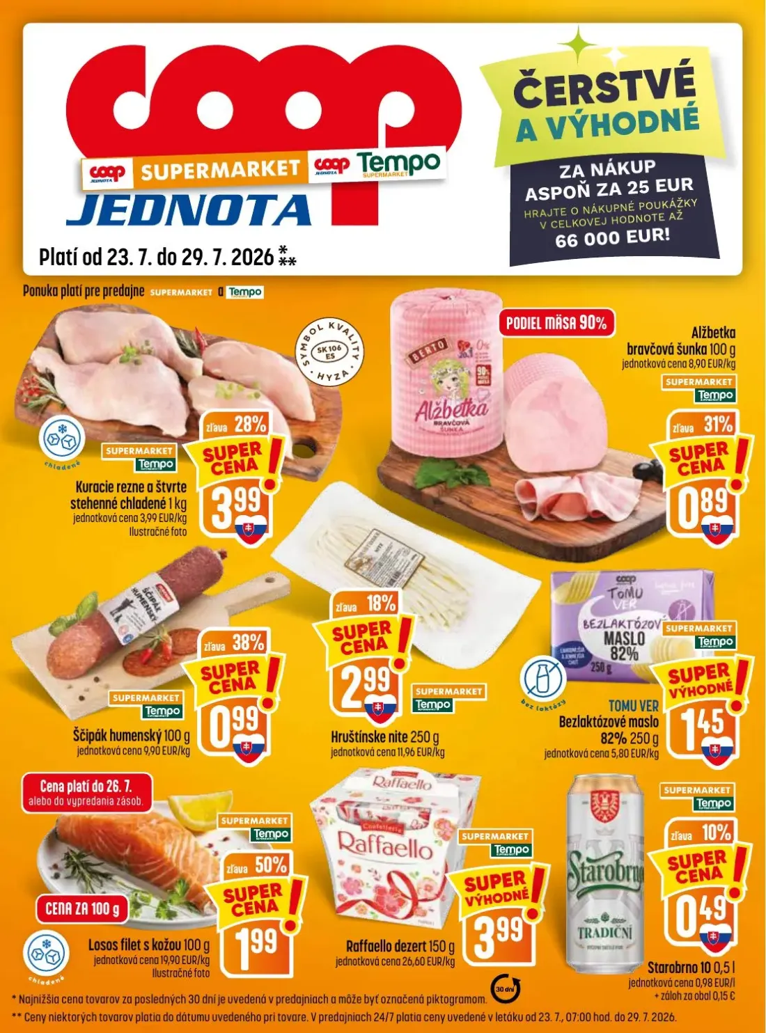 Coop Jednota leták, strana 13 z 28 — Kuracie rezne a štvrte stehenné chladené, Alžbetka bravčová šunka, Ščipák humenský
