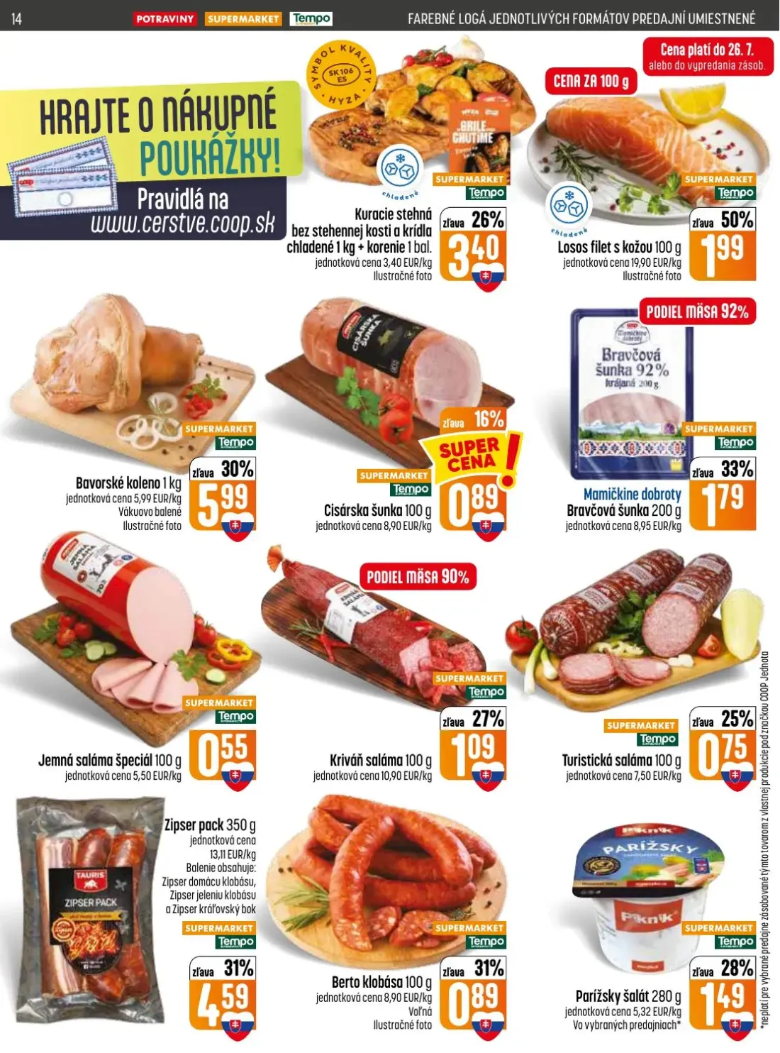 Coop Jednota leták, strana 14 z 28 — Kuracie stehná bez stehennej kosti a krídla chladené, Losos filet s kožou, Bavorské kol…
