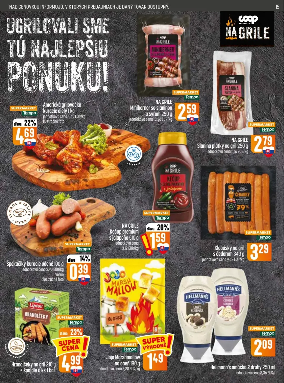 Coop Jednota leták, strana 15 z 28 — Americká grilovačka kuracie diely, Miniberner so slaninou a syrom, Slanina plátky na gr…