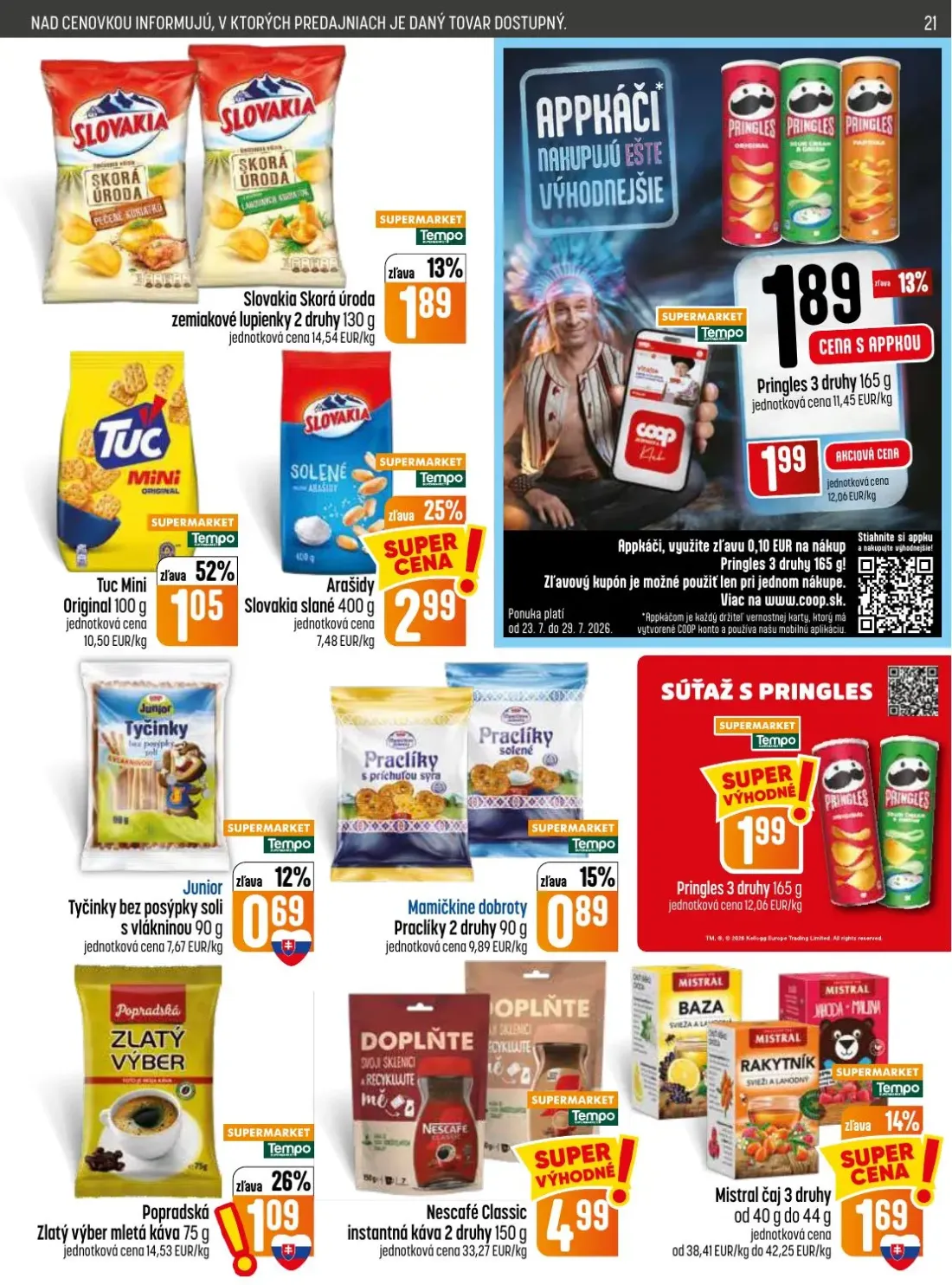 Coop Jednota leták, strana 21 z 28 — Pringles, Slovakia Skorá úroda zemiakové lupienky 2 druhy, Pringles