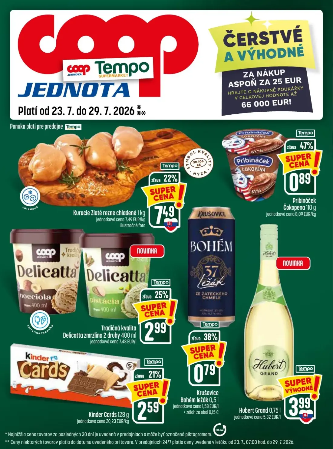 Coop Jednota leták, strana 25 z 28 — Kuracie Zlaté rezne chladené, Pribináček Čokopena, Delicatta zmrzlina 2 druhy
