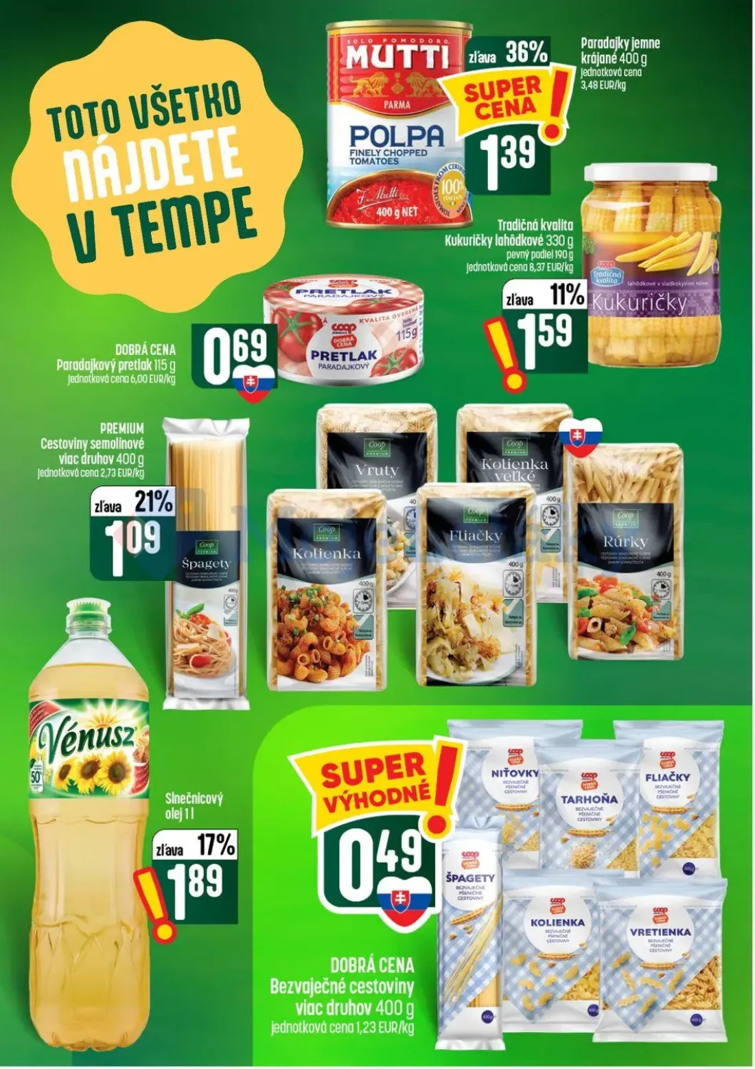 Coop Tempo leták, strana 33 z 56 — Paradajky jemne krájané Mutti Polpa, Paradajkový pretlak Coop, Kukuričky lahôdkové