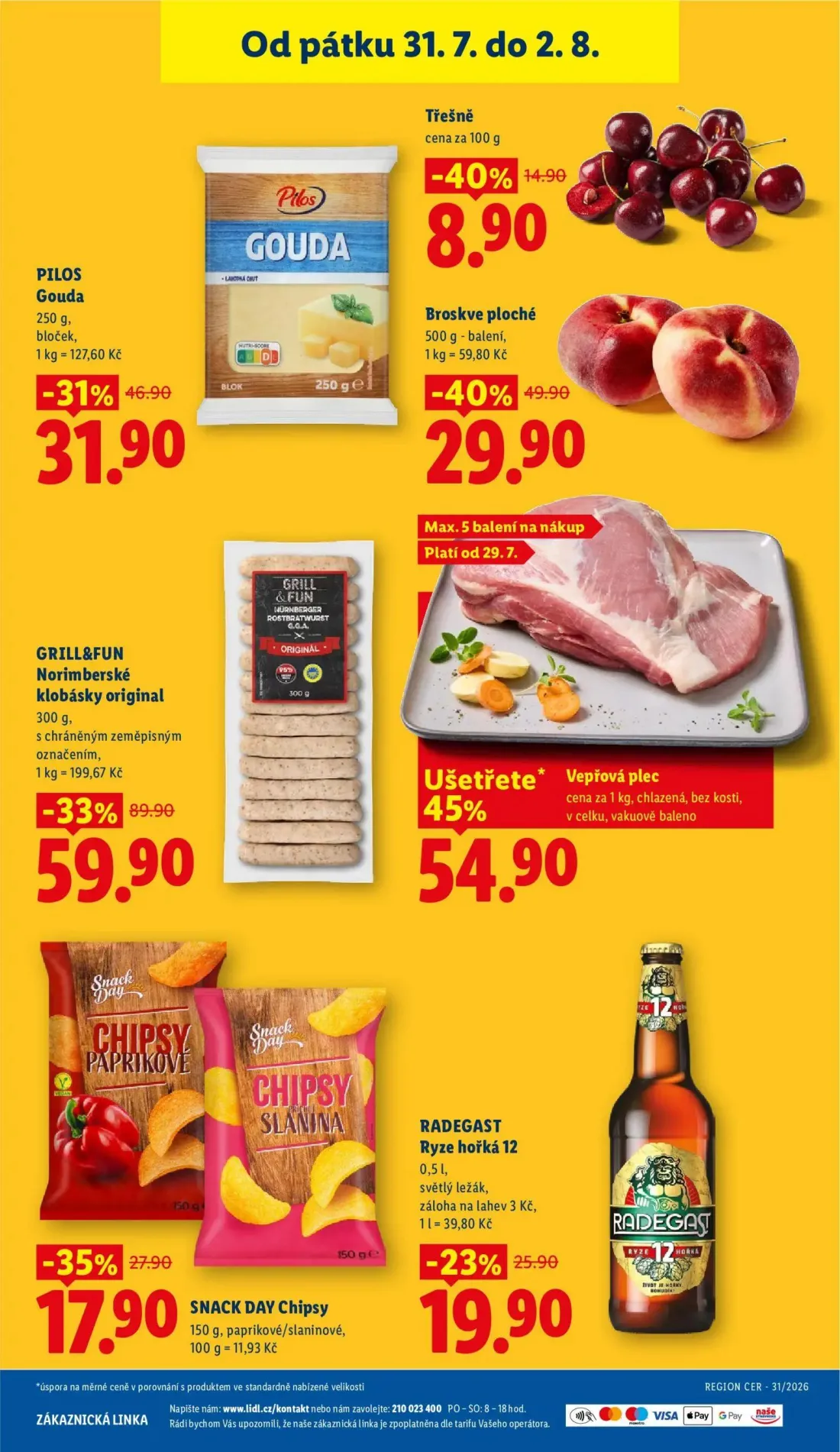 Lidl leták, strana 49 z 56 — GRILL&FUN Norimberské klobásky original, Broskve ploché, PILOS Gouda