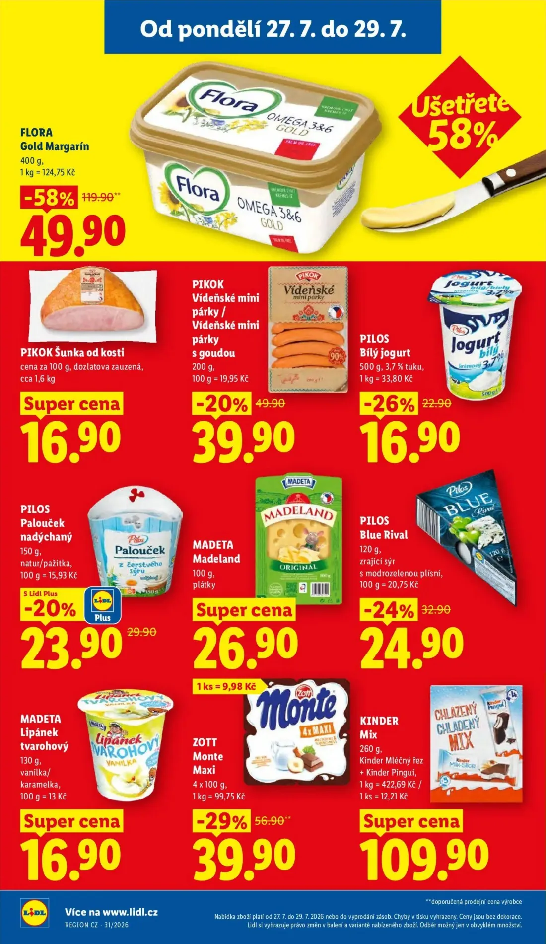 Lidl leták, strana 24 z 52 — FLORA Gold Margarín, ZOTT Monte Maxi, PIKOK Vídeňské mini párky