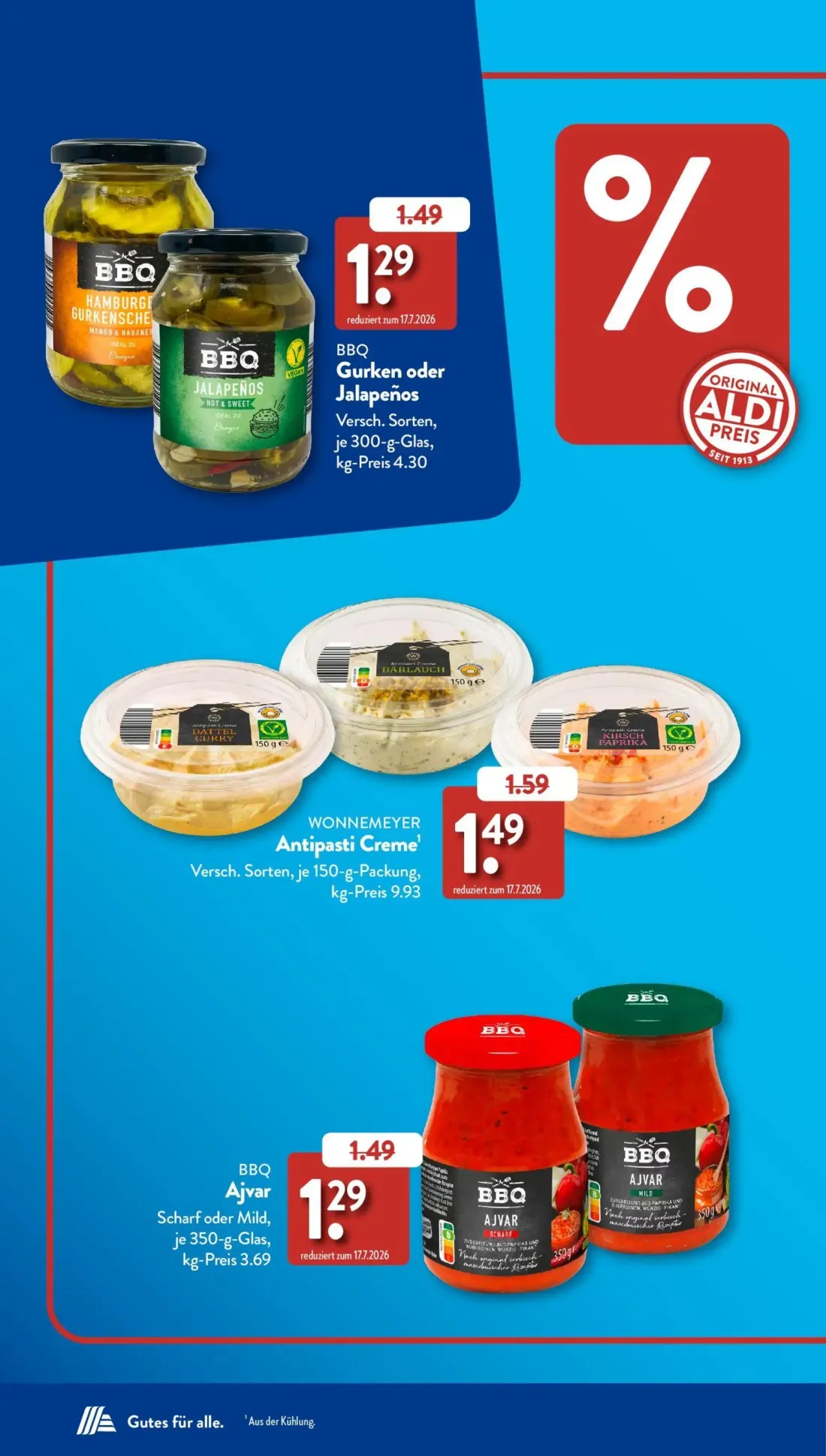 Aldi Süd Prospekt, Seite 4 von 50 — BBQ Gurken oder Jalapeños, BBQ Ajvar, WONNEMEYER Antipasti Creme