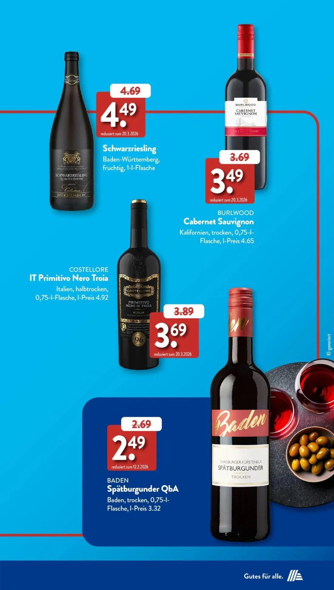 Aldi Süd Prospekt, Seite 23 von 50 — Schwarzriesling, BURLWOOD Cabernet Sauvignon, COSTELLORE IT Primitivo Nero Troia