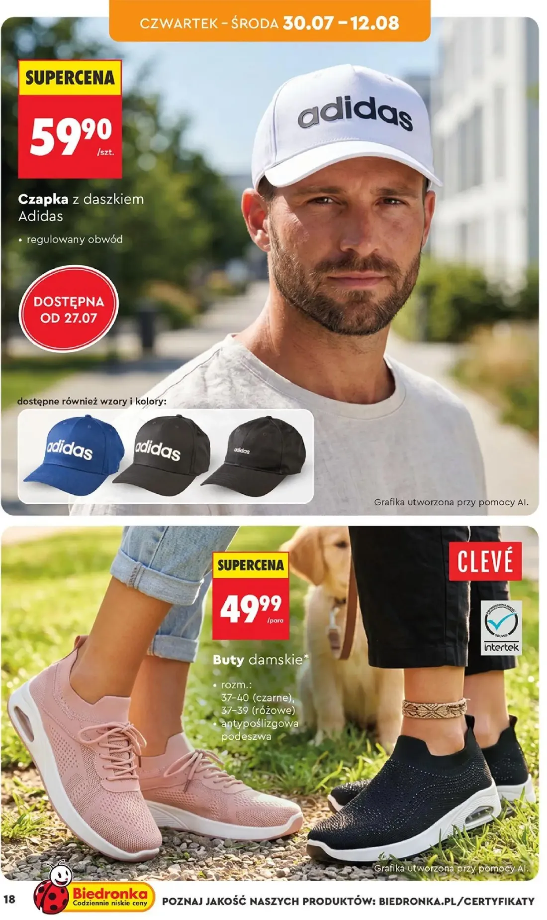 Biedronka gazetka, strona 18 z 33 — Czapka z daszkiem Adidas, Buty damskie