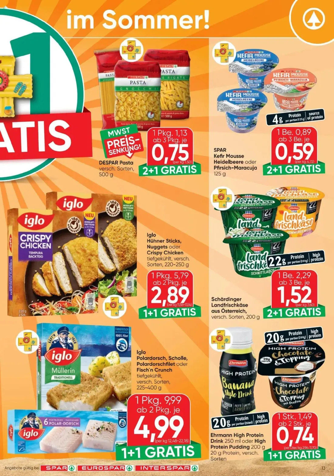 Spar Prospekt, Seite 13 von 20 — Iglo Polardorsch, Scholle, Polardorschfilet oder Fisch'n Crunch, Iglo Hühner Sticks, Nugget…