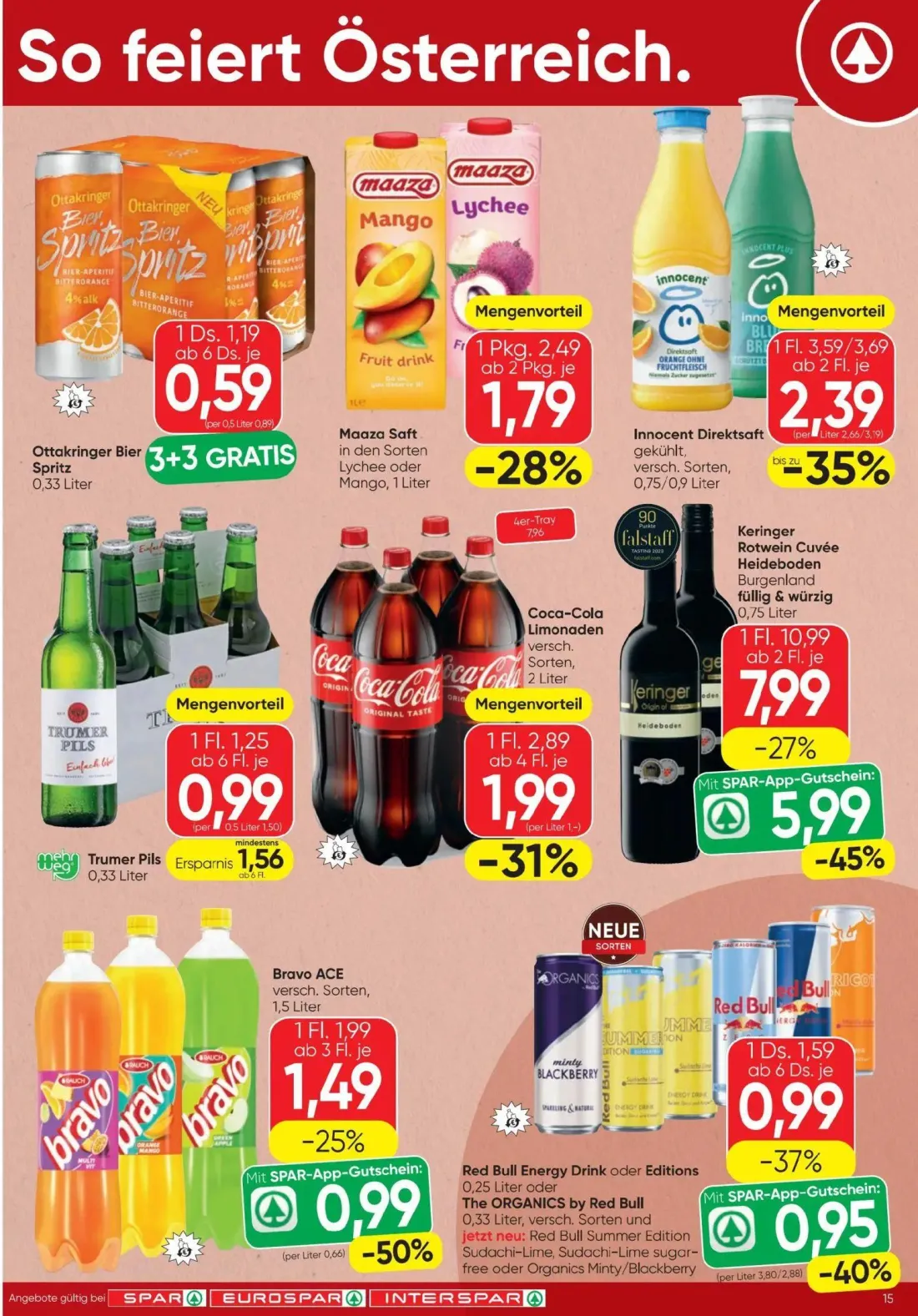 Spar Prospekt, Seite 15 von 20 — Keringer Rotwein Cuvée Heideboden, Innocent Direktsaft gekühlt, Bravo ACE