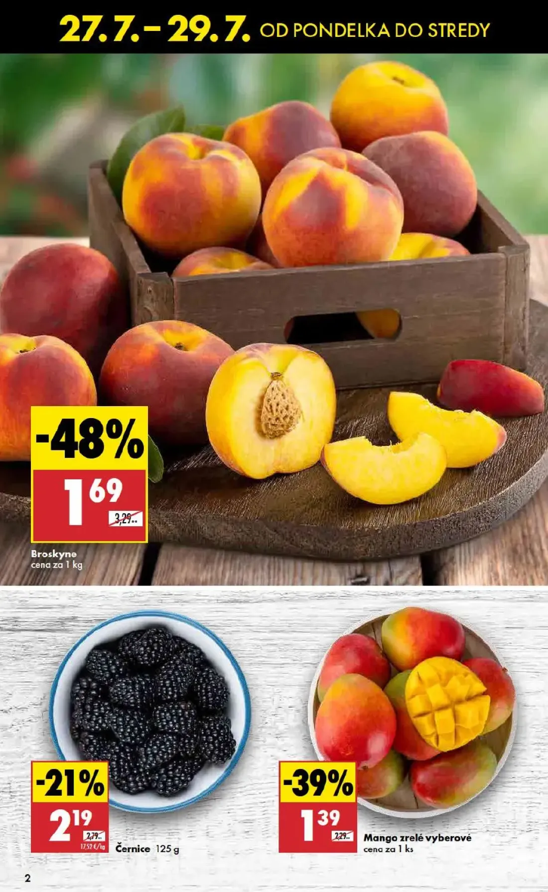 Biedronka leták, strana 2 z 10 — Broskyne, Mango zrelé vyberové, Černice