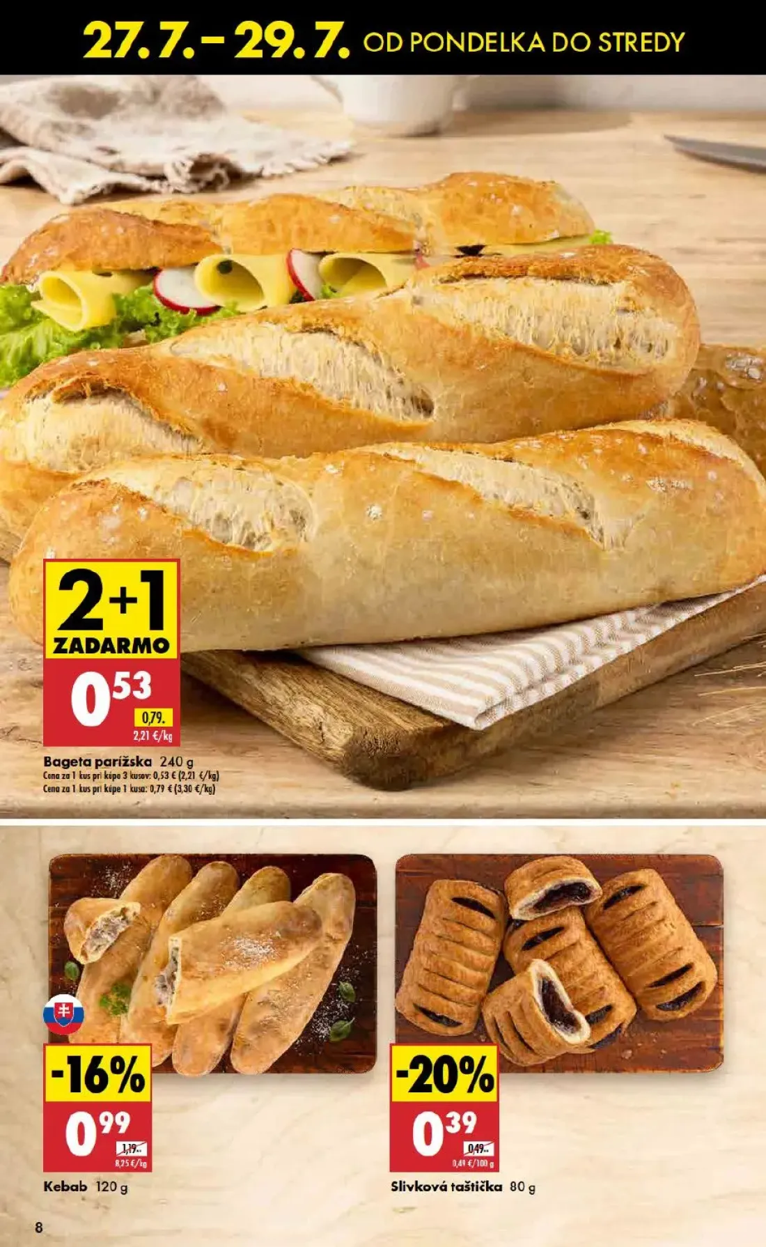 Biedronka leták, strana 8 z 10 — Bageta parížska, Kebab, Slivková taštička