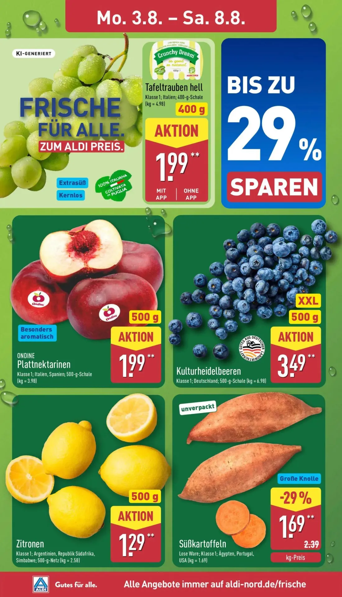 Aldi Nord Prospekt, Seite 2 von 40 — Süßkartoffeln, Tafeltrauben hell, ONDINE Plattnektarinen
