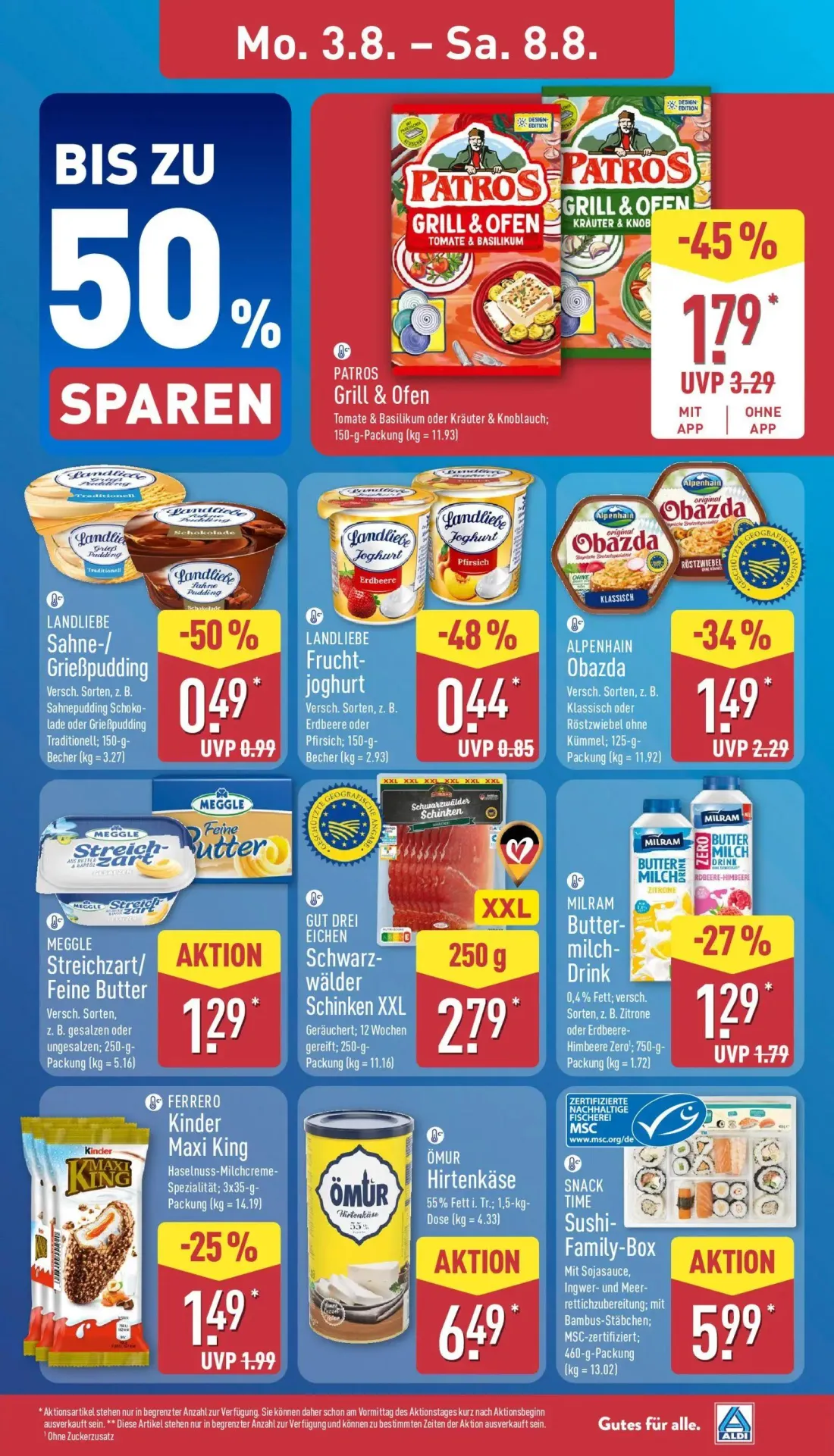 Aldi Nord Prospekt, Seite 5 von 40 — PATROS Grill & Ofen Tomate & Basilikum, ALPENHAIN Obazda, LANDLIEBE Sahne-/ Grießpudding