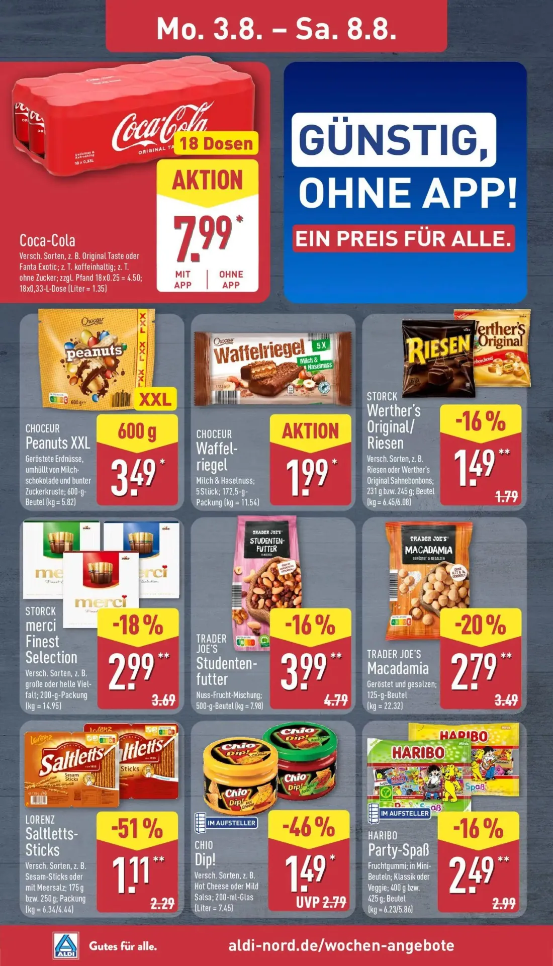 Aldi Nord Prospekt, Seite 8 von 40 — CHIO Dip!, LORENZ Saltletts-Sticks, TRADER JOE'S Studenten-futter