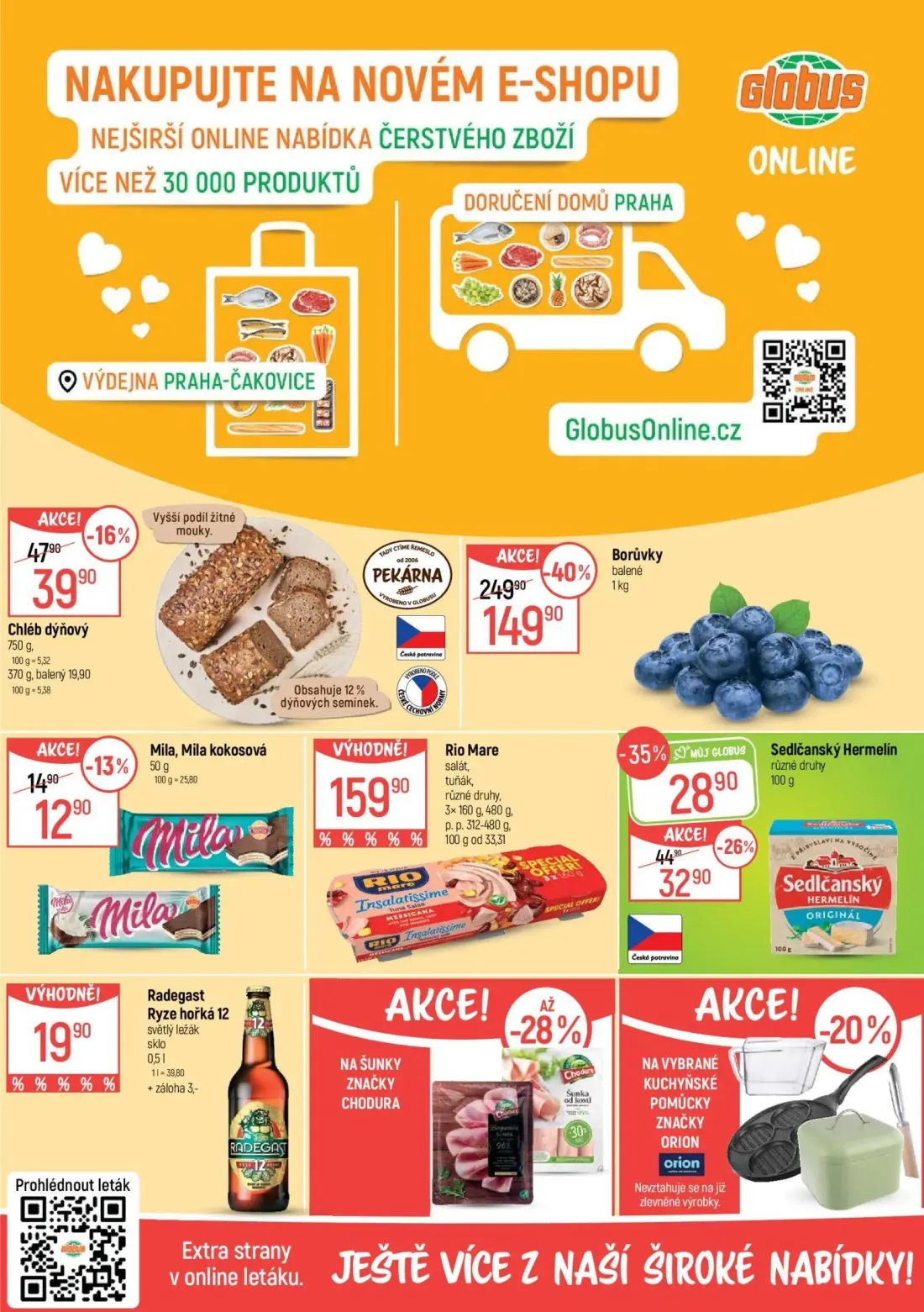 GLOBUS leták, strana 2 z 43 — Borůvky, Sedlčanský Hermelín, Chléb dýňový