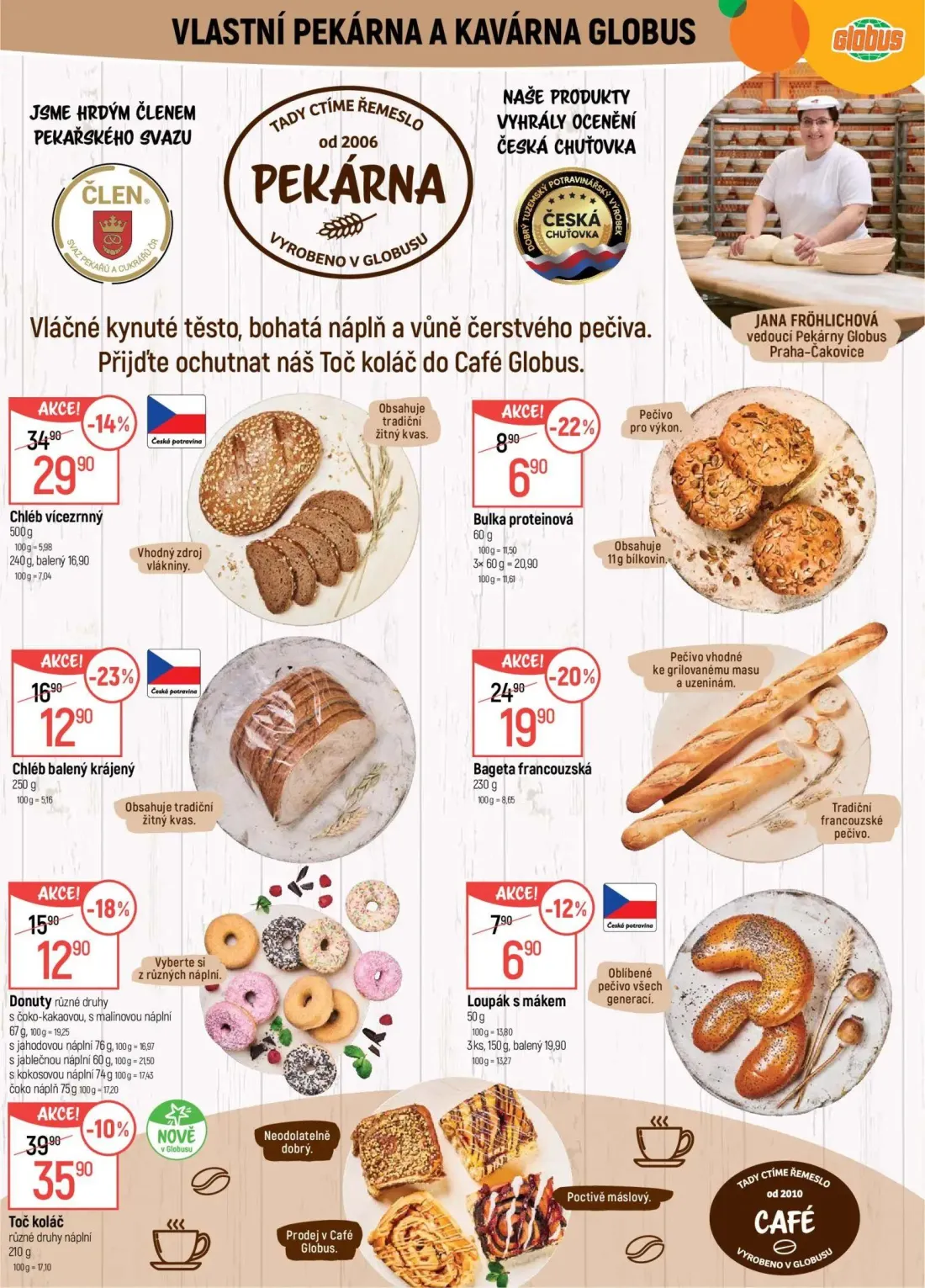 GLOBUS leták, strana 6 z 43 — Chléb vícezrnný, Bageta francouzská, Chléb balený krájený